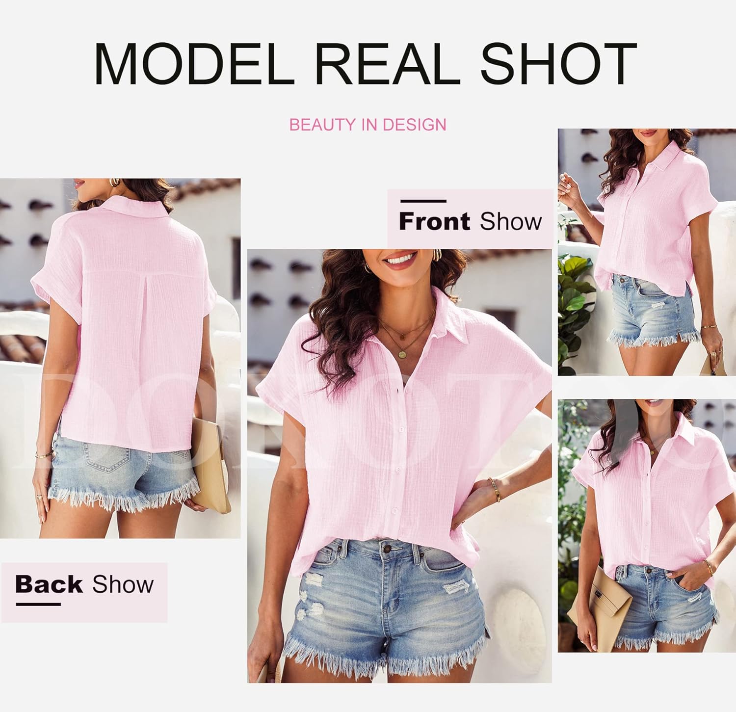 Dokotoo Casual V Neck Button Down Shirts for Women Solid Short Sleeve Blouse Tops - Image 5