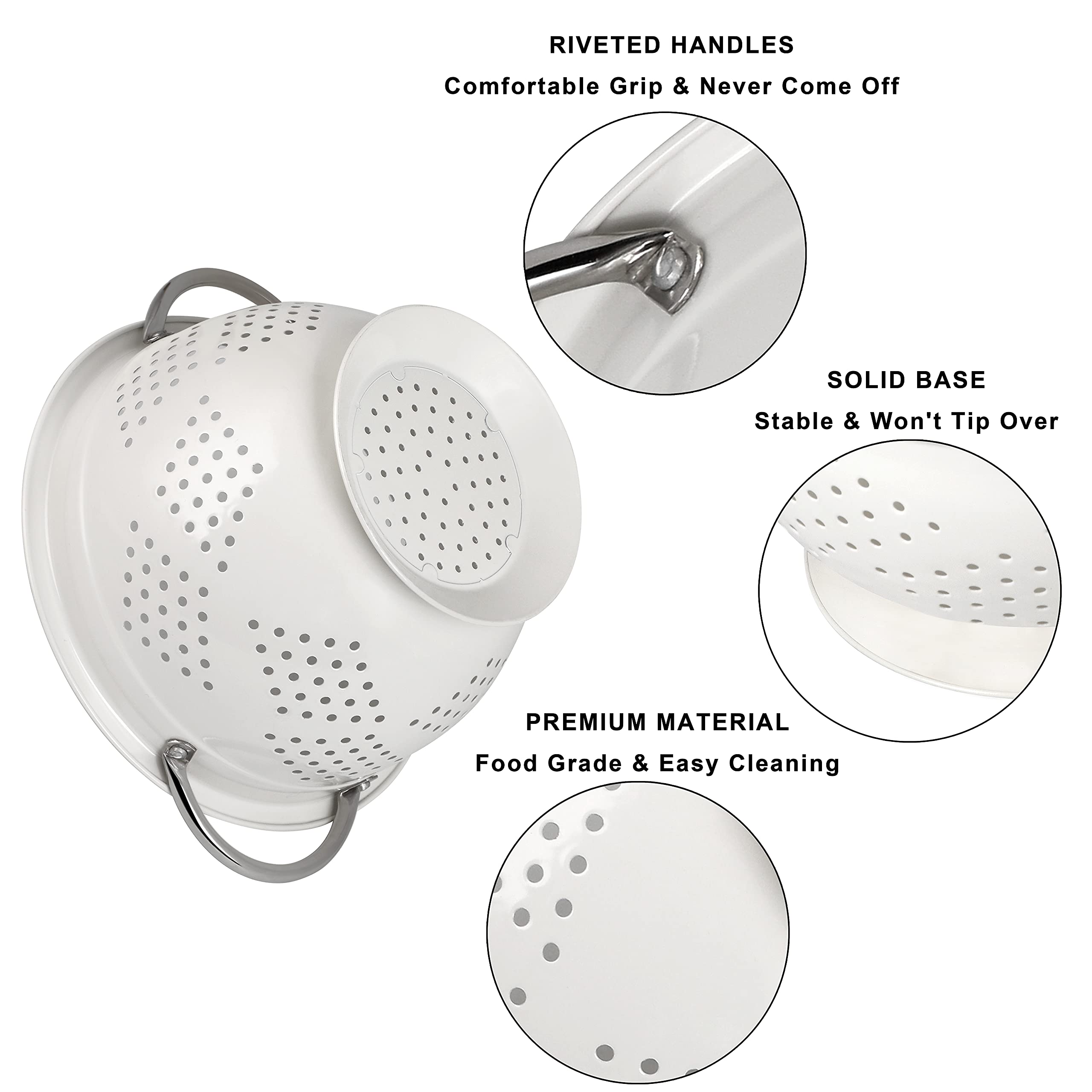 Hillbond Set di 3 colini da 1,5, 3, 5 QT in metallo verniciato a polvere con manici rivettati in acciaio inox e base stabile, per scolare pasta, frutta, verdura, bianco