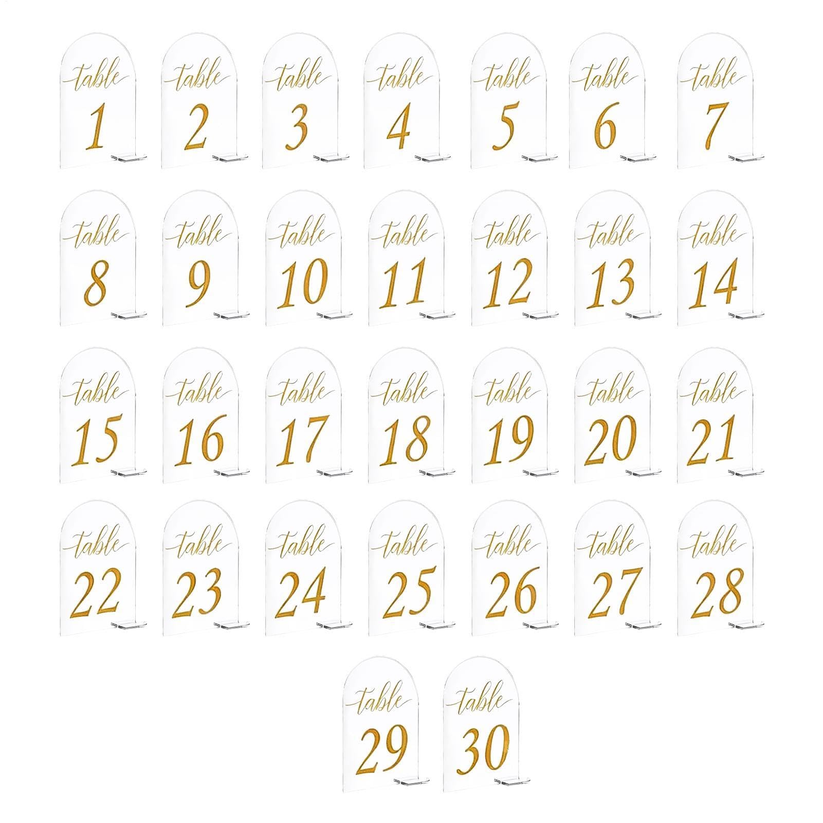 Arch Acryl Tischkarten Goldbedruckt 1-30 Blatt | Klare Acryl-Tischnummernständer für Events Empfang Hochzeit Restaurant Bankett Geburtstag Bar
