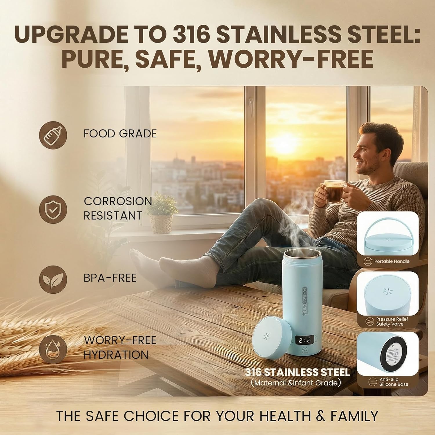 Portable Electric Kettle for Travel, Small Hot Water Kettle with NTC Temperature Control and Auto Shut-Off, 316 Stainless Steel, Blue 110V & 15oz