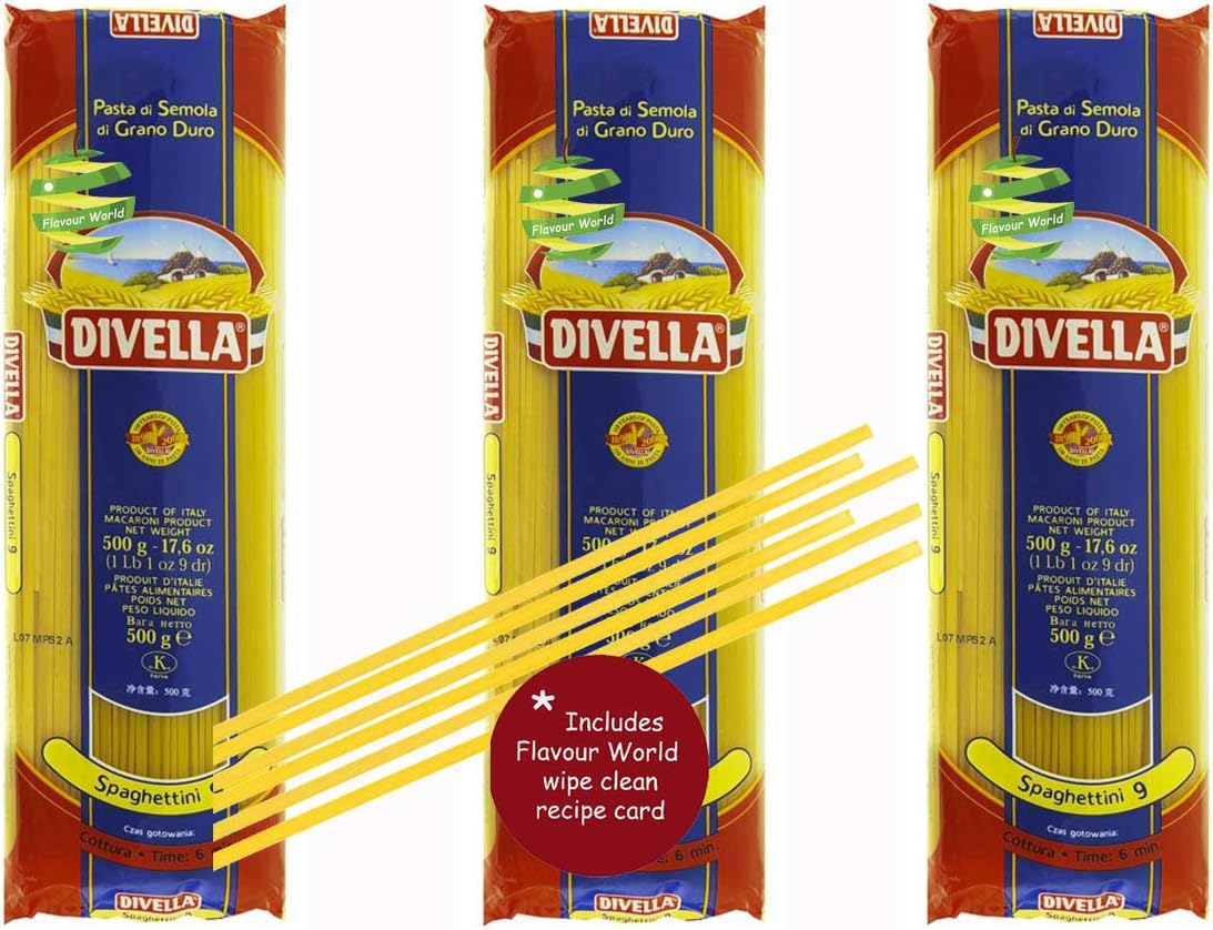 Divella Spaghettini N.9 Narrow Spaghetti Dried Pasta 1.5kg (3 x 500g) with Wipe Clean Recipe Card