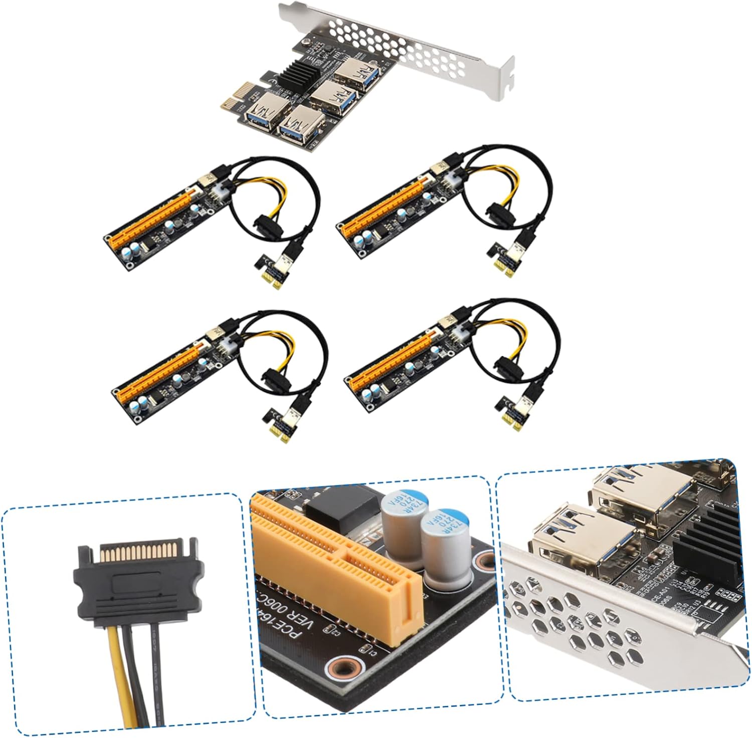 NUOBESTY Pci E to USB Riser Extension Card with Plated Connectors Plug in Pcie Adapter for Mining and Gaming Expands Single Pci E Slot Into Four USB Ports Compatible with Desktop