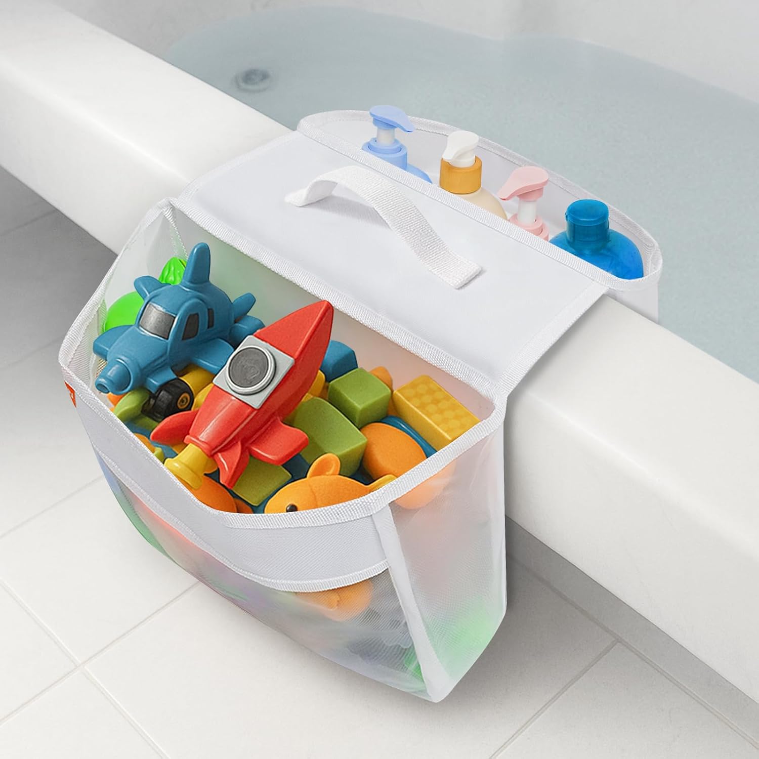 HooBribeau Bath Toy Organizer with 2 Pockets Large Capacity Mesh Storage with Grip Quick Dry Perfect for Organizing