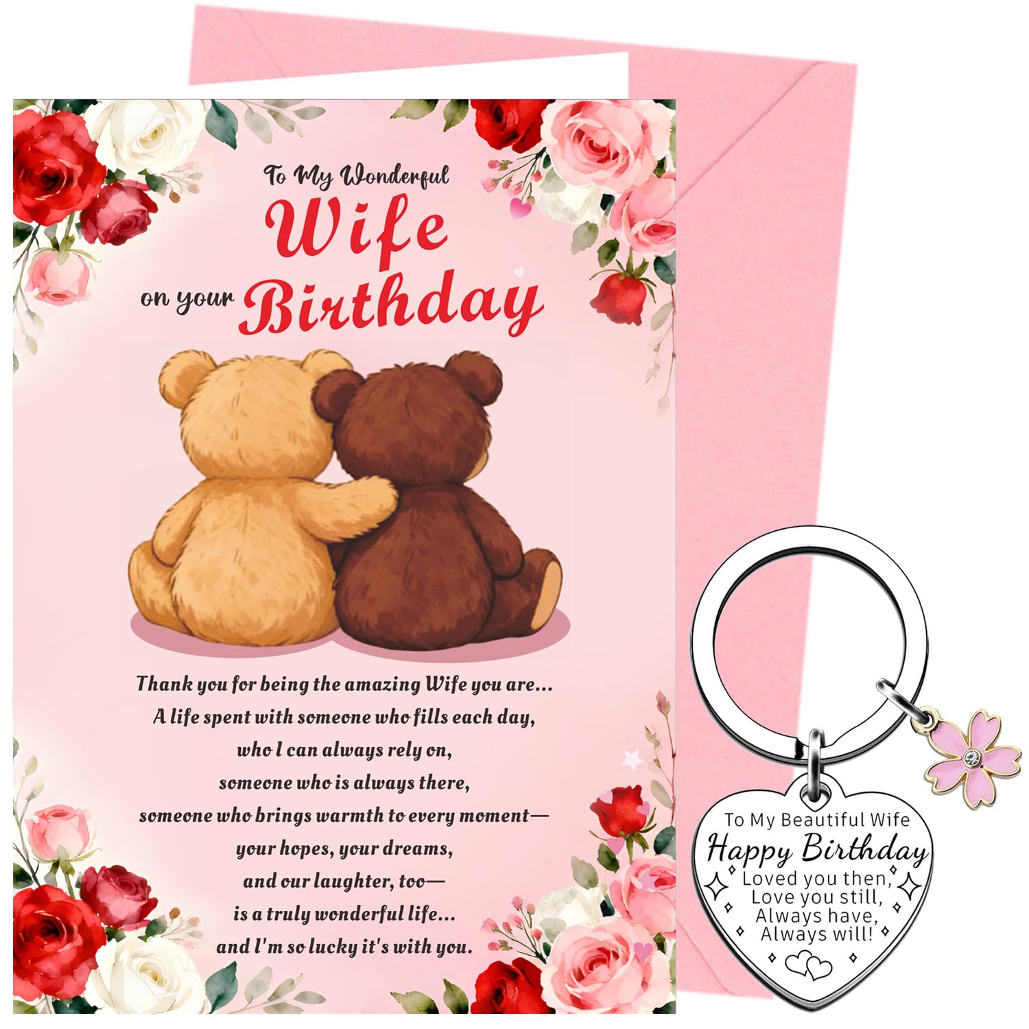 XINDY Wife Birthday Card, Sentimental Wording & Floral Design Happy Birthday Card Wife Keyring Gifts for Her from Husband with Envelope