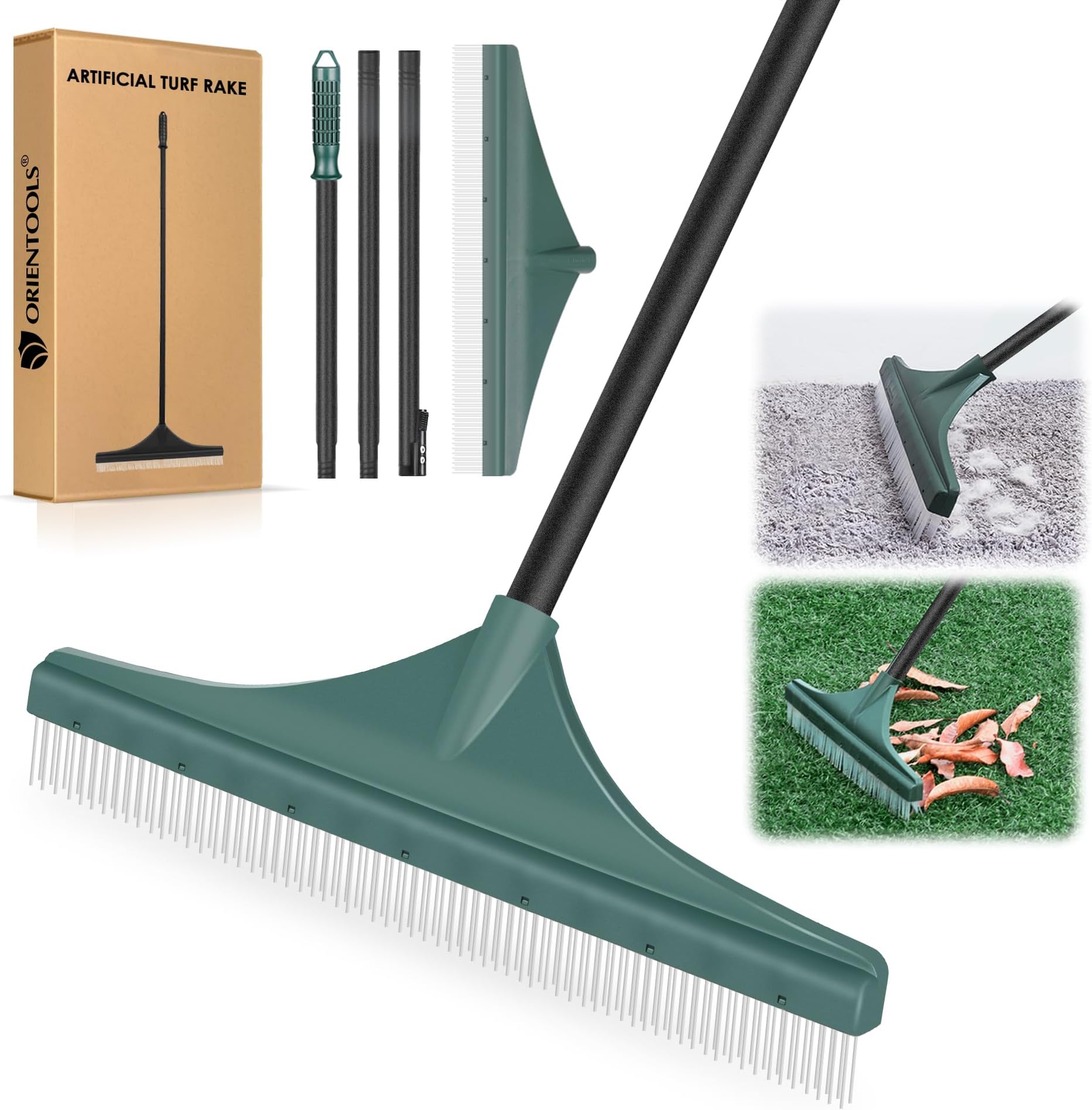 ORIENTOOLS Grass Rake for Artificial Grass, Turf Rake Artificial Lawn Brush with Steel Handle (Adjustable 3 Sections Handle)
