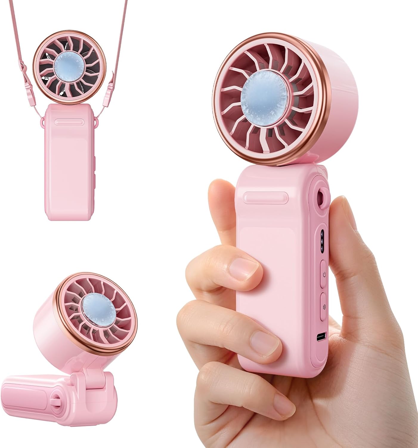 SWEETFULL Mini Portable Fan with Ice Cooling, Lightweight Handheld Pocket Turbo Fan Rechargeable, 3 Speed, Foldable Personal Hand Fan for Travel, Beach Vacation, Women Girls (Pink)