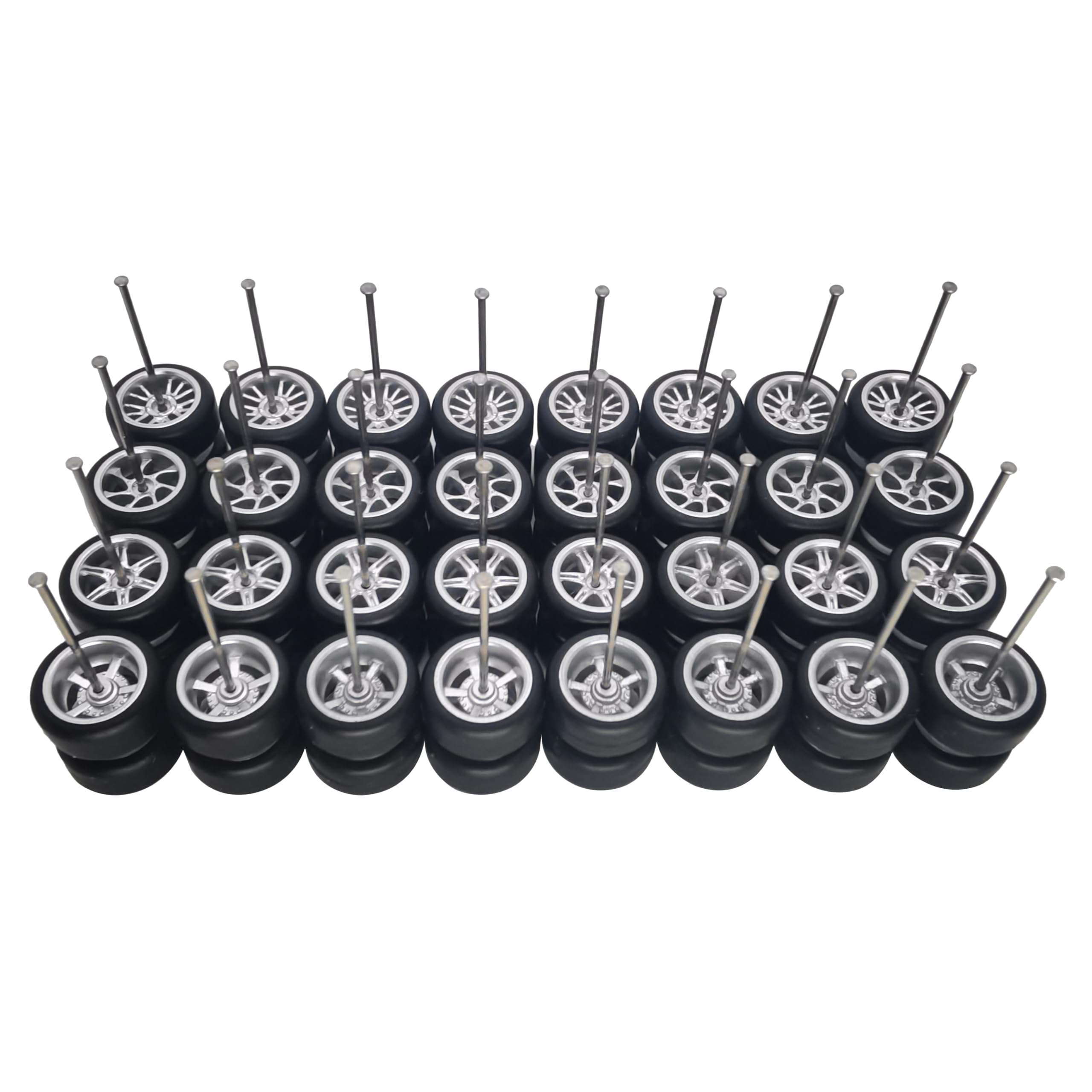 16 Set 1/64 Wheels and Tires Kit Simulation 1 64 Scale Wheels with Rubber Tires and Hub Suitable for Adding Collection Value to 1/64 Model Cars (Silver)
