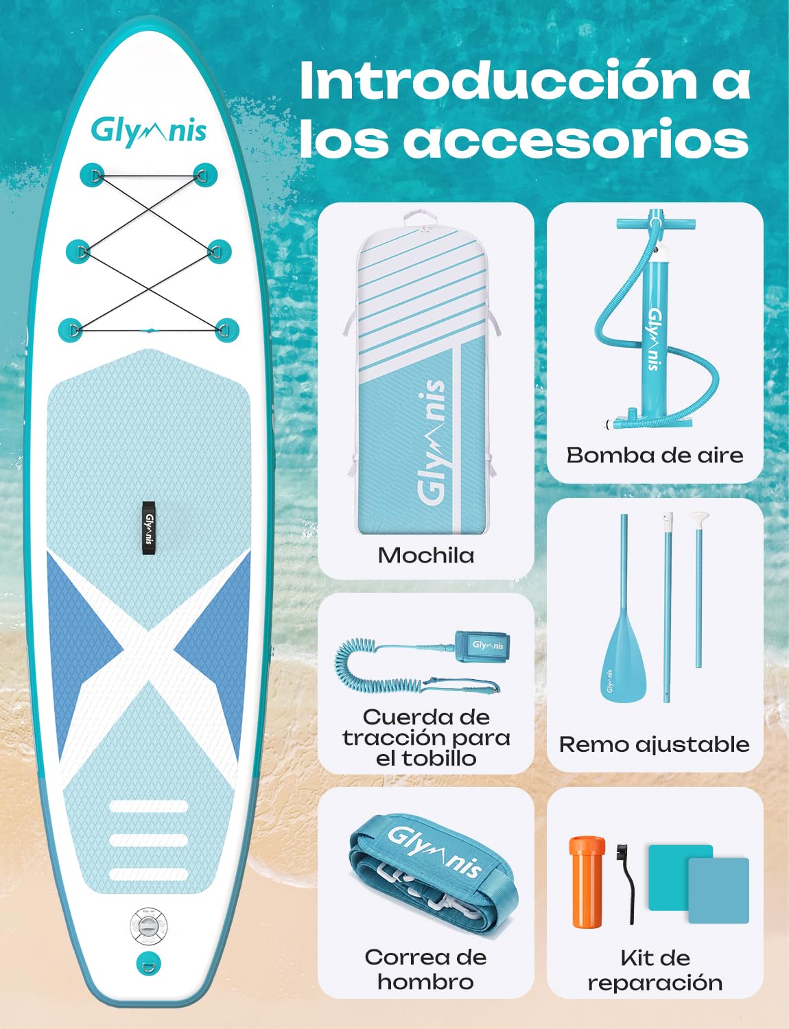 Glymnis Tabla Paddle Surf Hinchable, Tabla de Sup Stand Up Paddle Board de 320×81×15cm, Tabla de Surf de Remo con Bomba de Aire Ajustable y Accesorios Completos