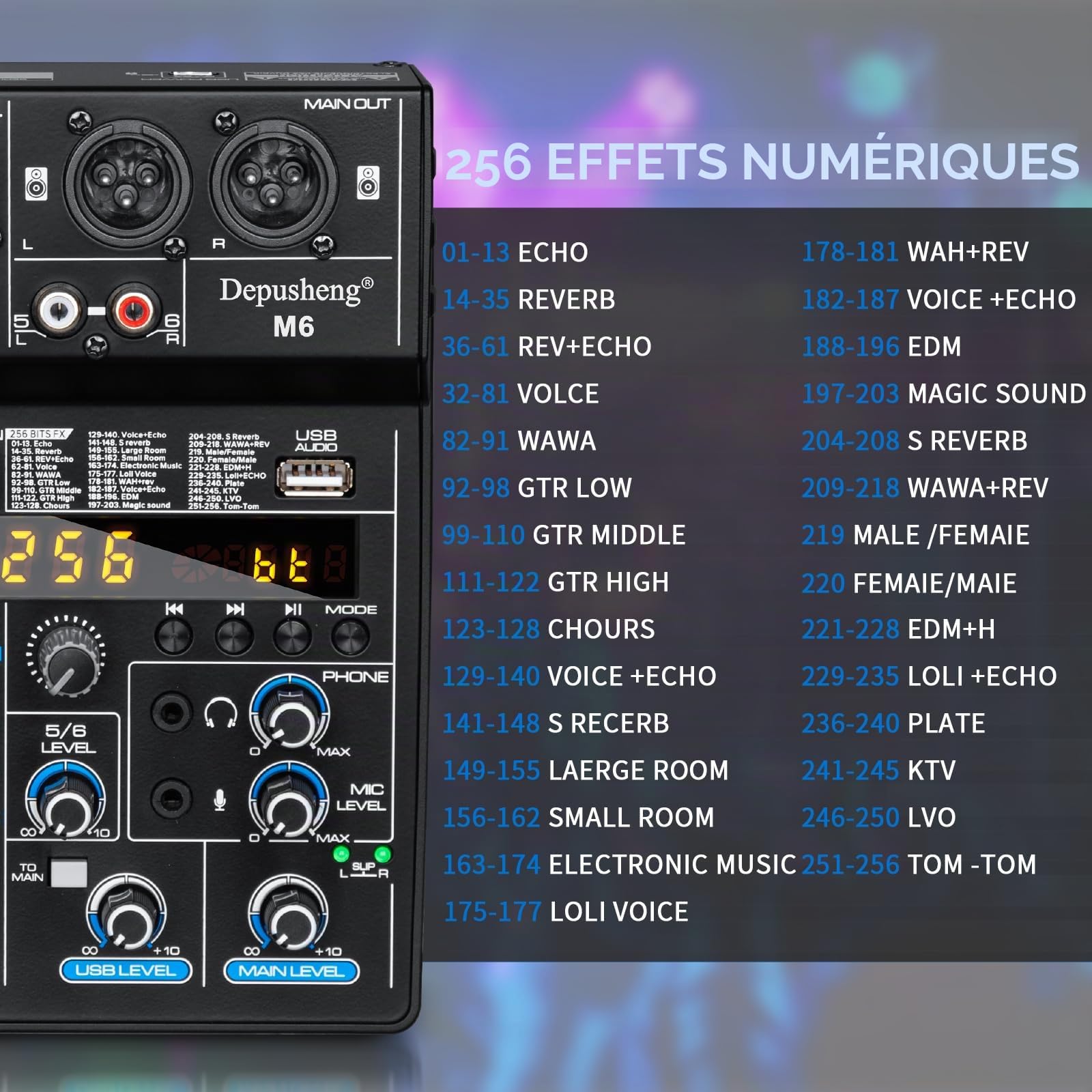 Depusheng M6 DJ Mixer portable MP3 Bluetooth 6 canaux Audio Table de mixage intégrée 256 effets numériques Interface USB pour l'enregistrement informatique en direct Streaming Podcasting Karaoké