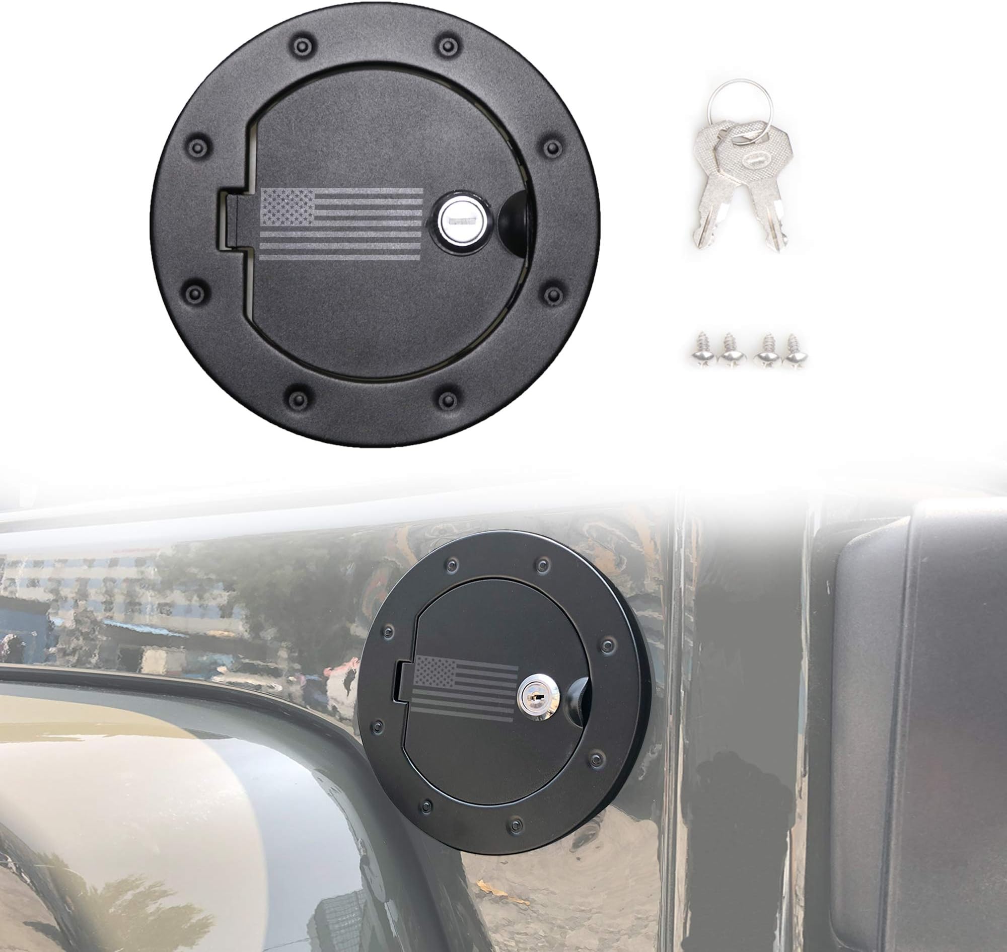 Sukemichi JK Gas Cap Cover For Jeep, Locking Fuel Filler Door Gas Tank Cover for 2007-2018 Jeep Wrangler JK JKU Accessories, Compatible with 5th Wheel Toy Hauler Gas Caps, Aluminum, USA FLAG, 1 Pack