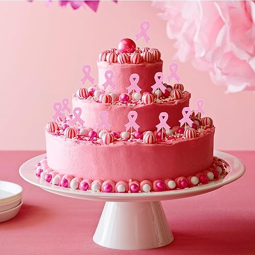 Miniatura 6 de 24 piezas de adornos para cupcakes para concientización sobre el cáncer de mama, cinta rosa con purpurina para lucha contra la esperanza creer y el