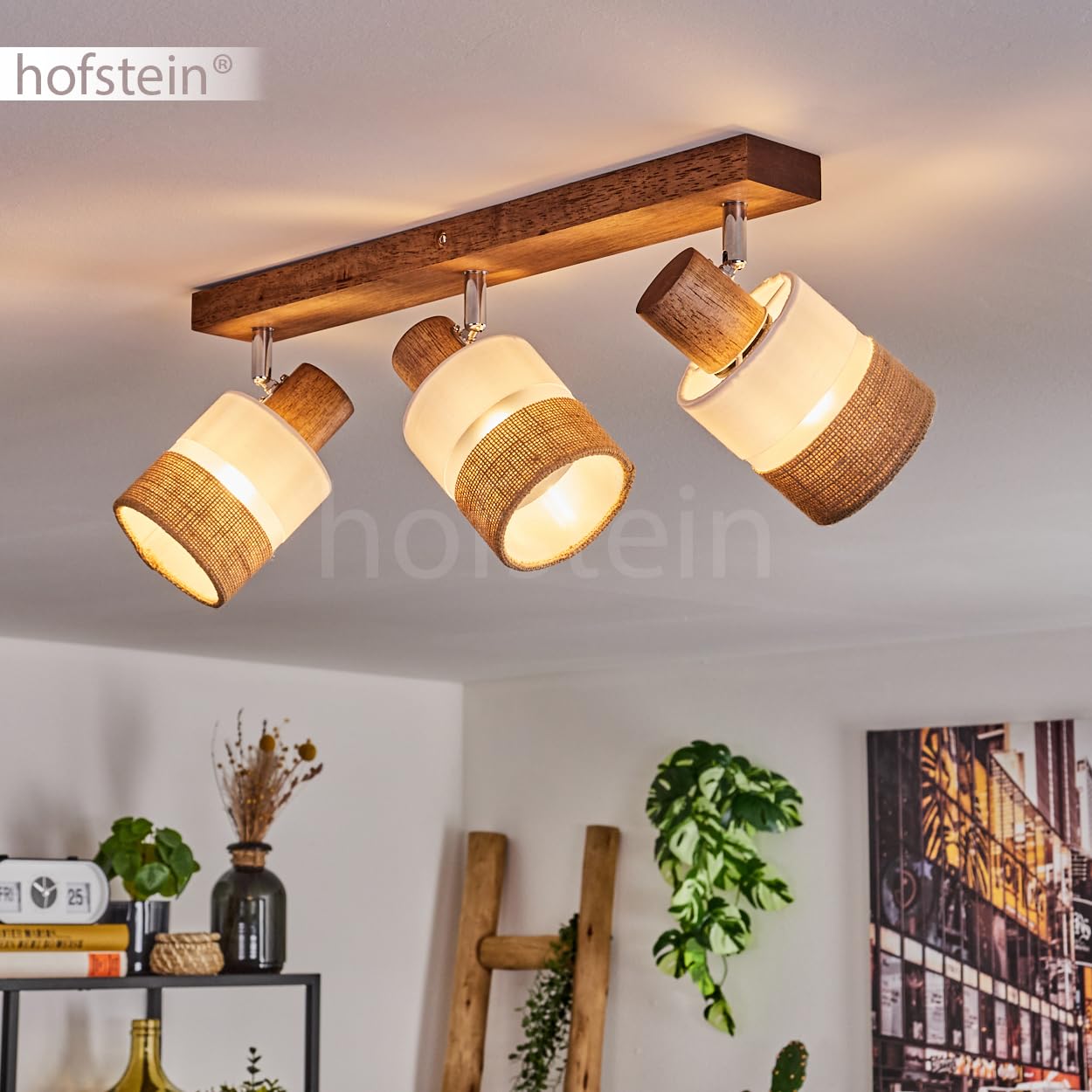 HOFSTEIN Deckenleuchte Fallhagen, verstellbare Deckenlampe aus Holz/Metall/Stoff in Braun/Weiß/Chrom, moderne Leuchte im skandinavischen Design, 3 x E14, Esszimmmer, Schlafzimmer, Wohnzimmer, Küche