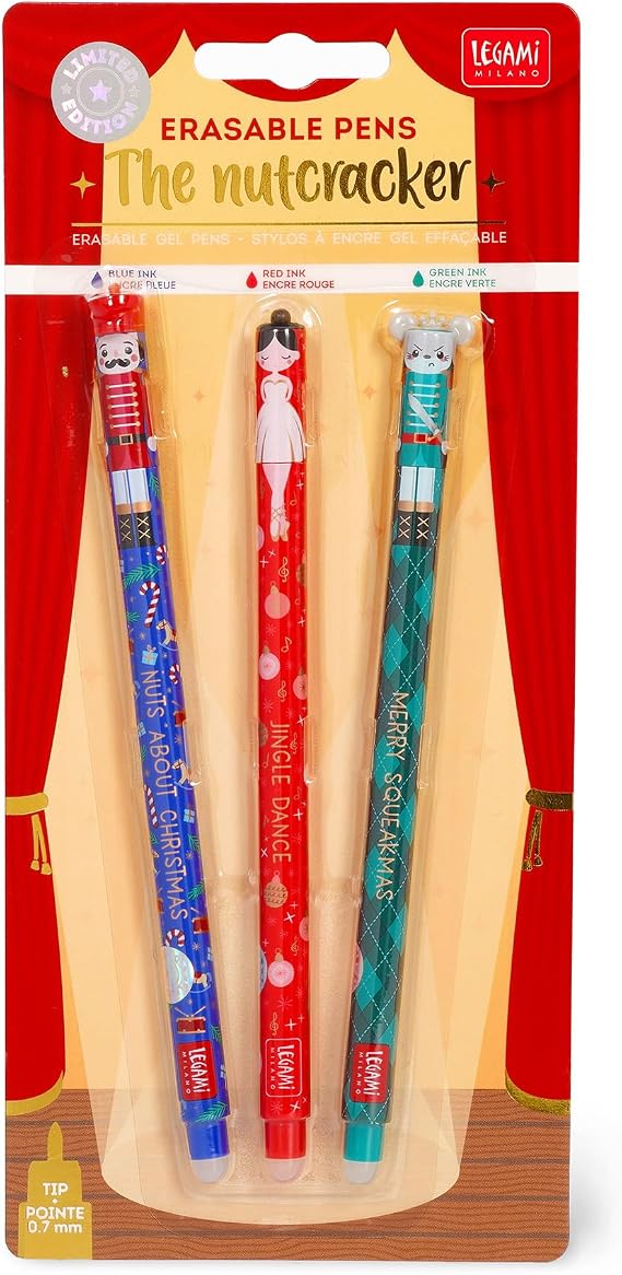 LEGAMI - Set of 3 erasable gel pens, Christmas edition, thermosensitive erasable ink pens, red, blue, green, erase without damaging paper