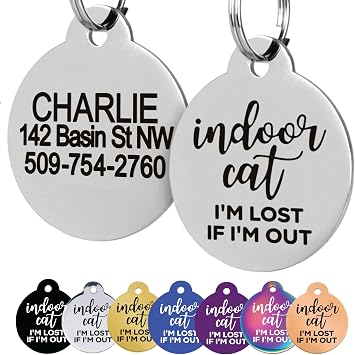 GoTags Personalized Small Indoor Cat Tag - Engraved with 4 Lines of Custom ID - Stainless Steel Round Pet ID Tag