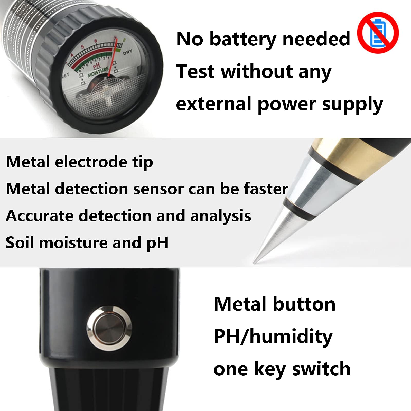 Medidor de Humedad del Suelo, portátil Instrumento de pH, Sensor de Humedad - No Necesita batería - Probadores de la Tierra para jardinería