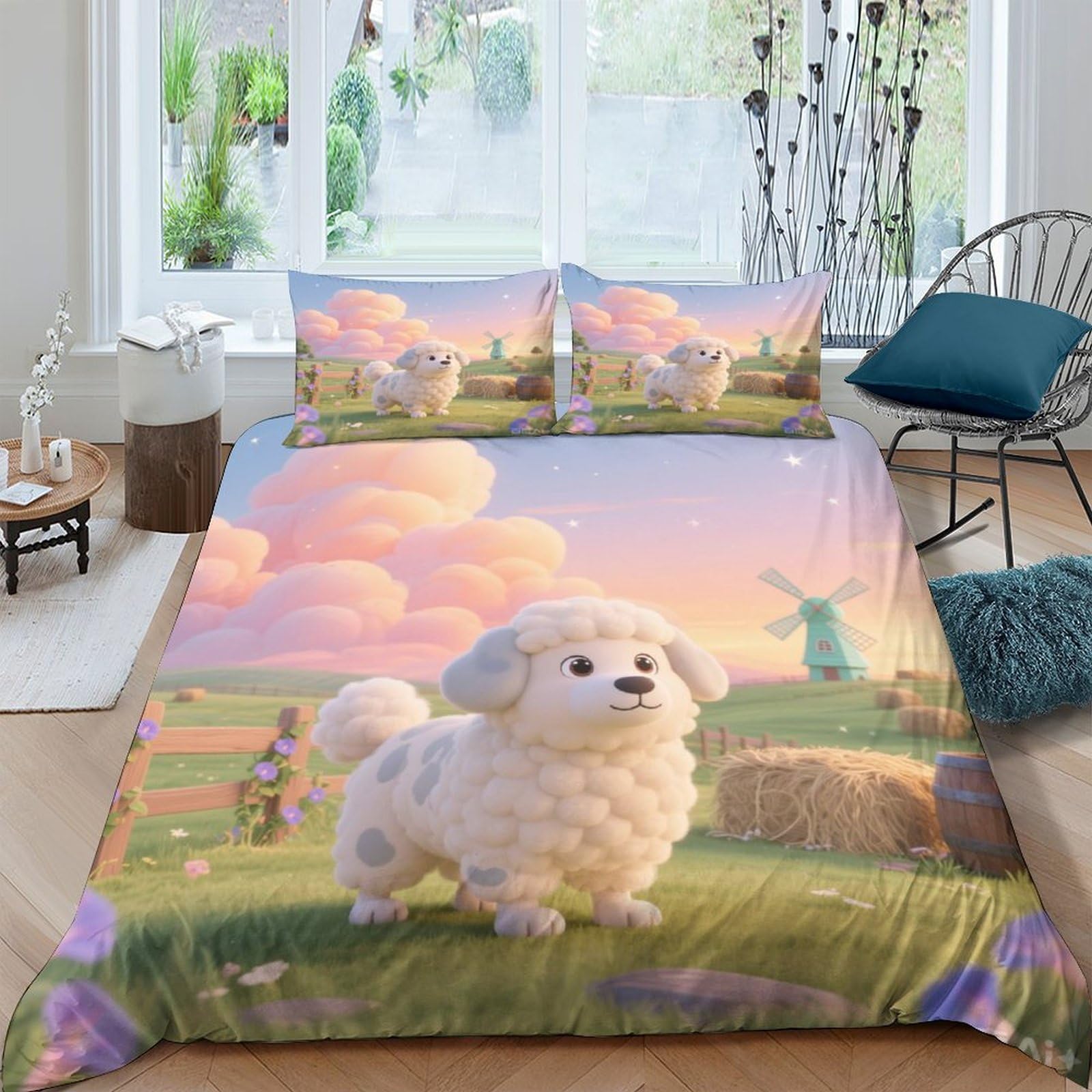 Housse de couette animaux 200x200cm lavable en machine avec fermeture éclair pour lit double