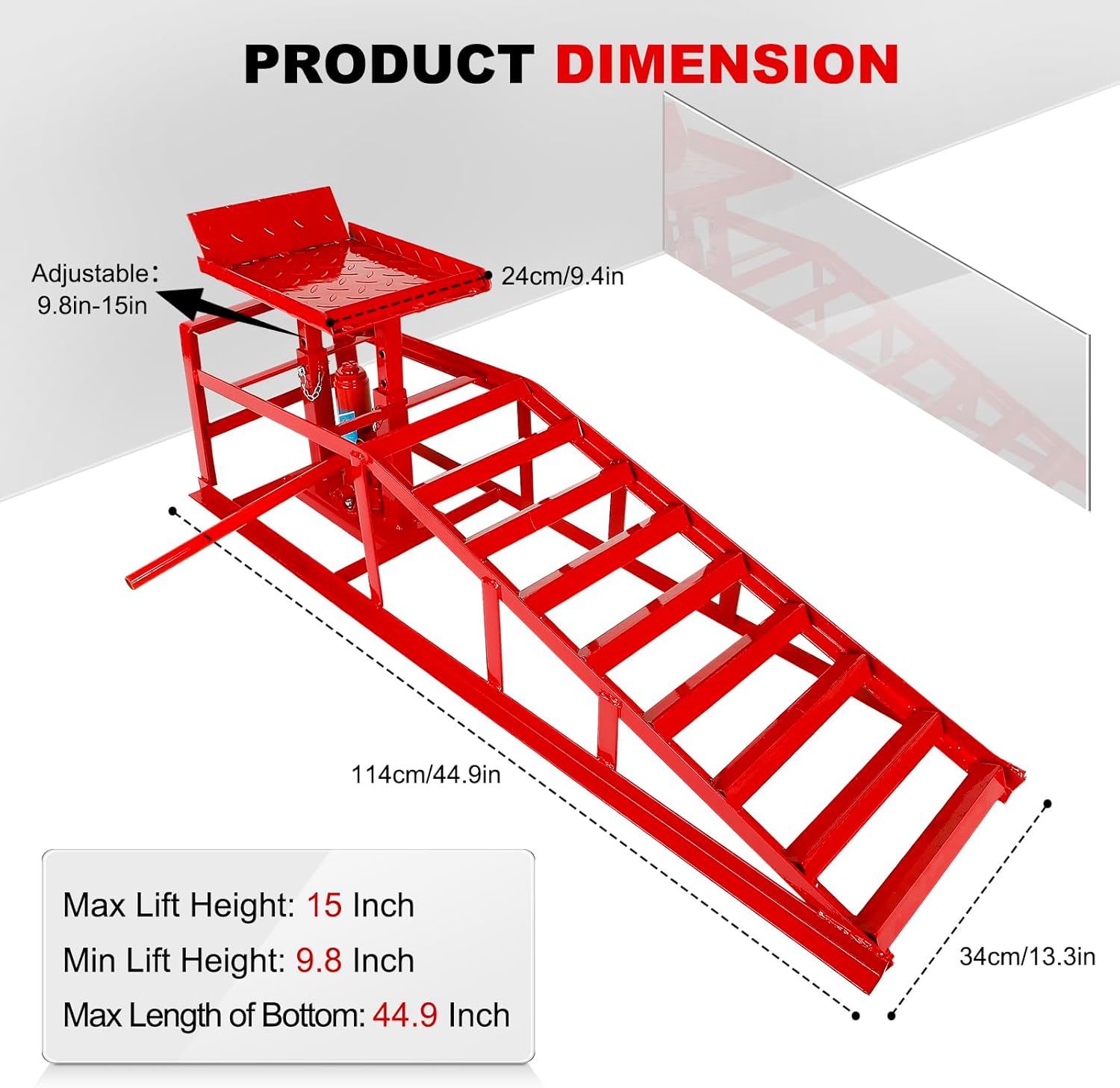 1 Pack 5T 10000lbs Hydraulic Car Ramps Low Profile Car Lift Service Ramps Truck Trailer Garage Lift Height Range 9.8" to 15" Hydraulic Vehicle Ramps Red