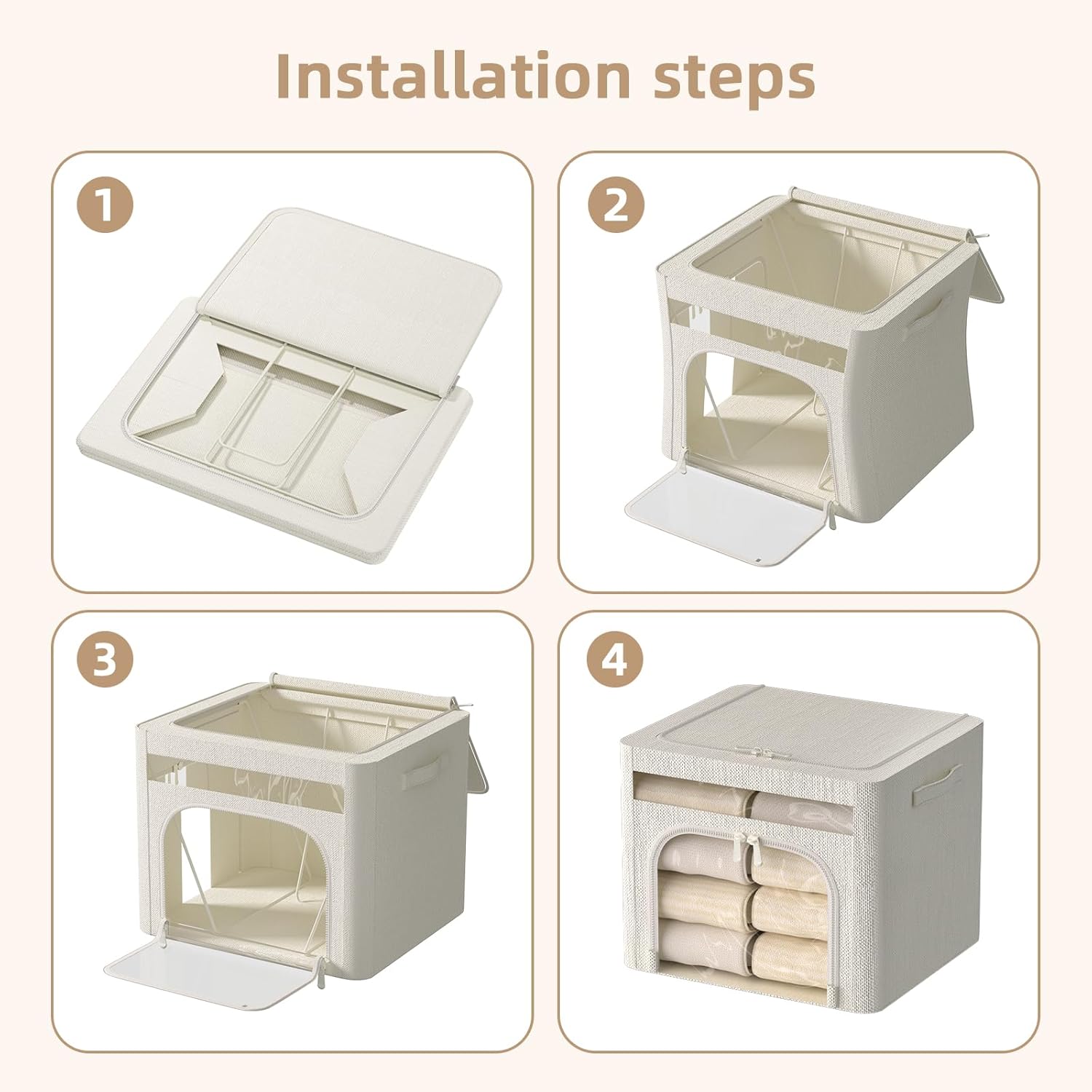 FHSQX 6 Pack Foldable Storage Bins for Clothes Clothes Storage Bins with Metal Frame Stackable Storage Box with Lid (Cream White, 16.5x12.2x12.2 inch (40L))