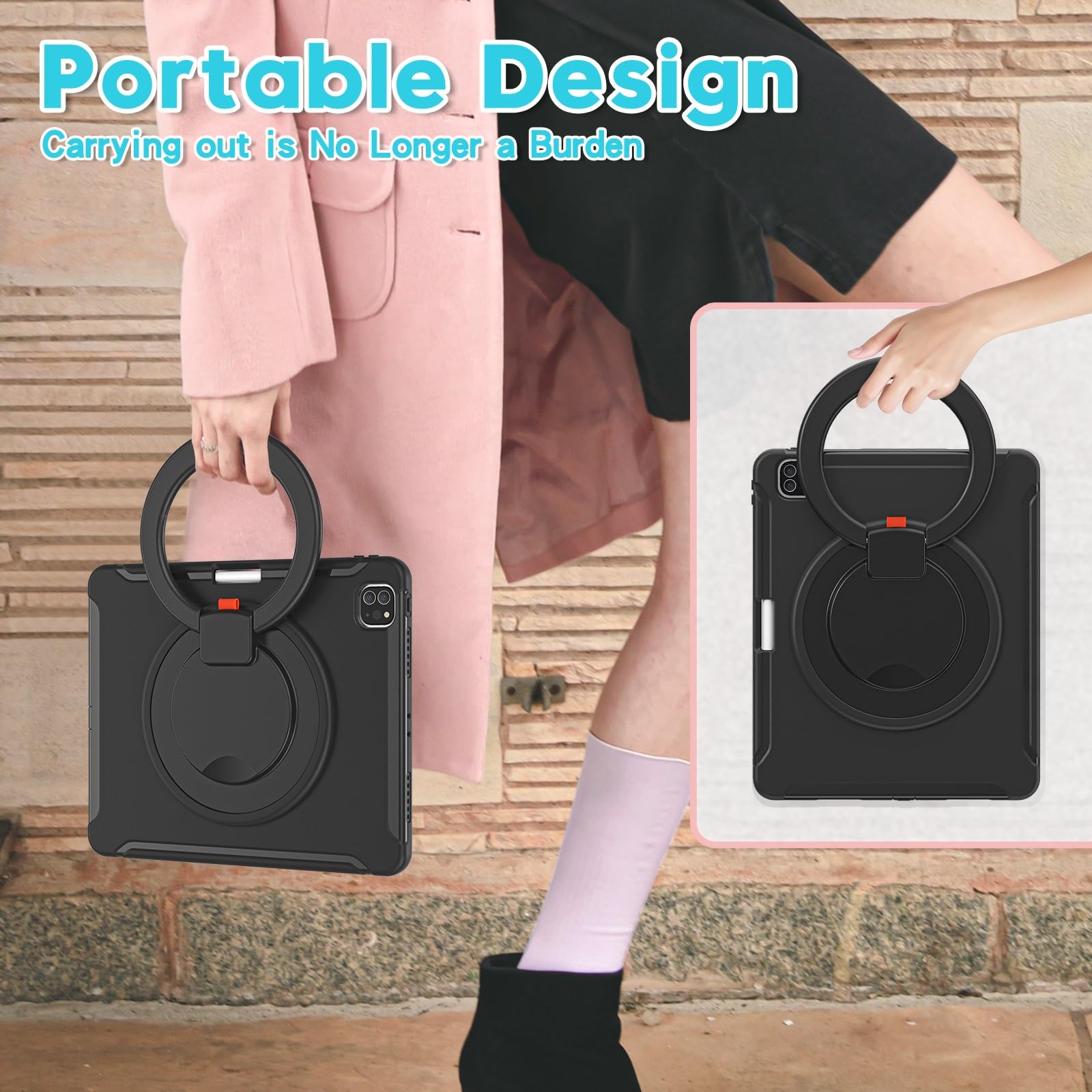 Kompatybilny z etui iPad Pro 12.9 2021 5. generacji, odporna na wstrząsy hybrydowa osłona ochronna obrotowym uchwytem i podstawką, przyjazny dla dzieci design(Noir)