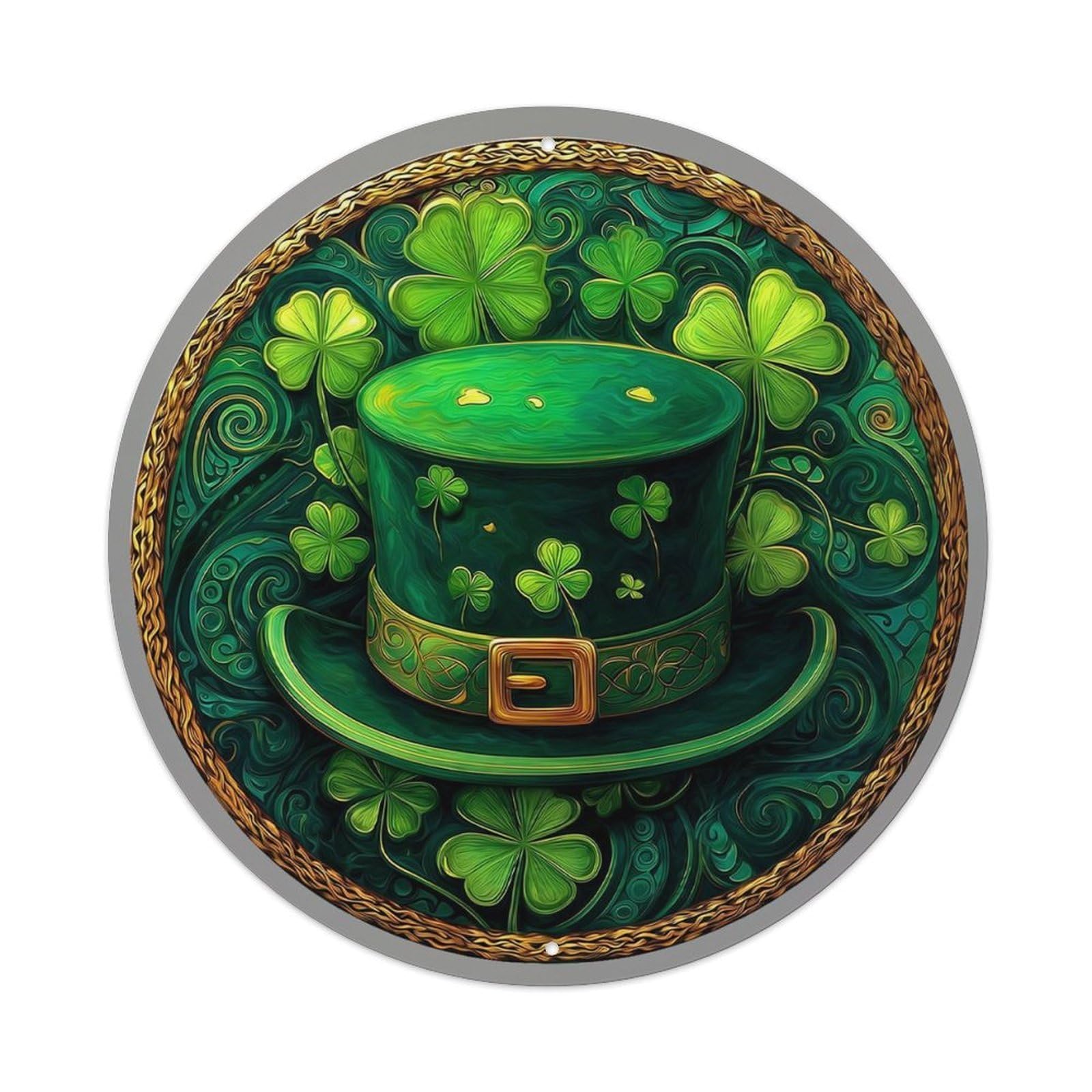 Green Shamrock Top Hat Pattern Vintage Metal Tin Sign Retro Wall Decor for Home Bar Garage Cafe, Indoor & Outdoor Decorative，circle Metal Poster, 8x8 Inch
