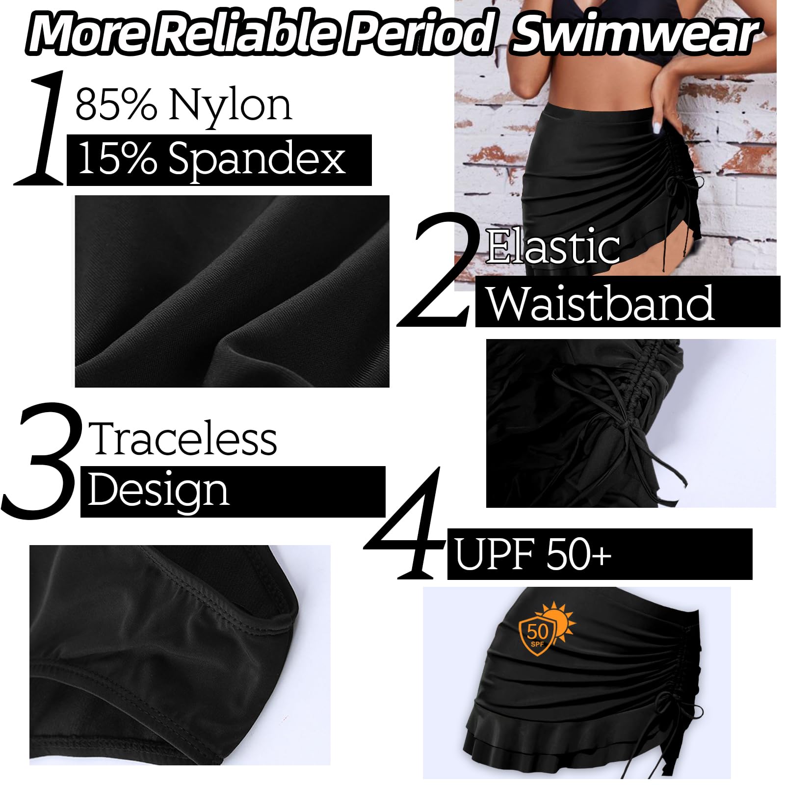 Gonna mestruale da donna, a vita alta, a 4 strati, a tenuta stagna, increspata, con coulisse, costume da bagno per ragazze e adolescenti, super assorbente, ad asciugatura rapida, per spiaggia