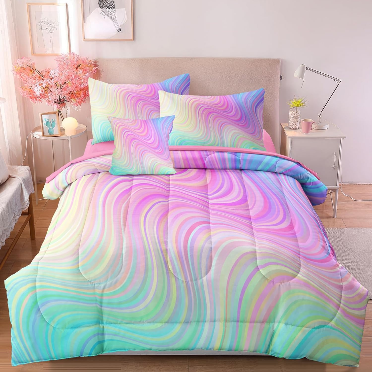 4 Pcs Twin Comforter Set, Colorful Gradient Girls Bedding Sets, Pink Tie Dye Rainbow Comforter Set