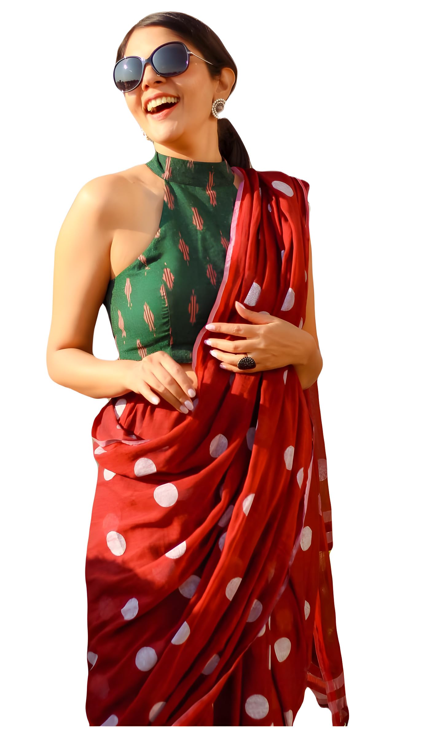 Women's Polka Dot Printed Linen Cotton Saree With Unstitched Blouse Piece (Laddu_Free Size)