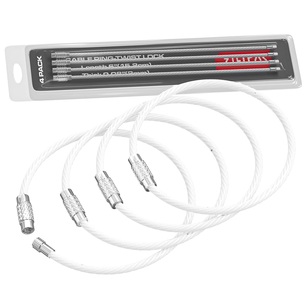 Silipac Stainless Steel Wire Keychain Cable, Twist-Lock 6.3 (16 cm) 2mm - Car Keyring, Luggage Tag, Carabiner - 4 Pack