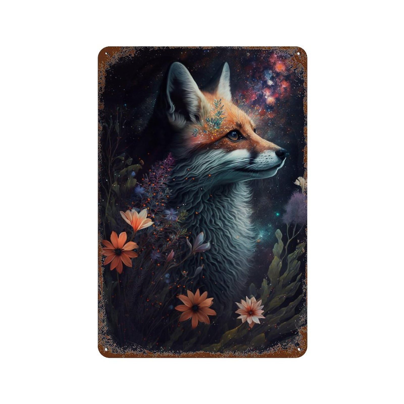 Fox in Starry Garden Rusty Metal Tin Sign 11.8"x7.9", Shabby Chic Decor for Garage, Bar And Workshop Decor
