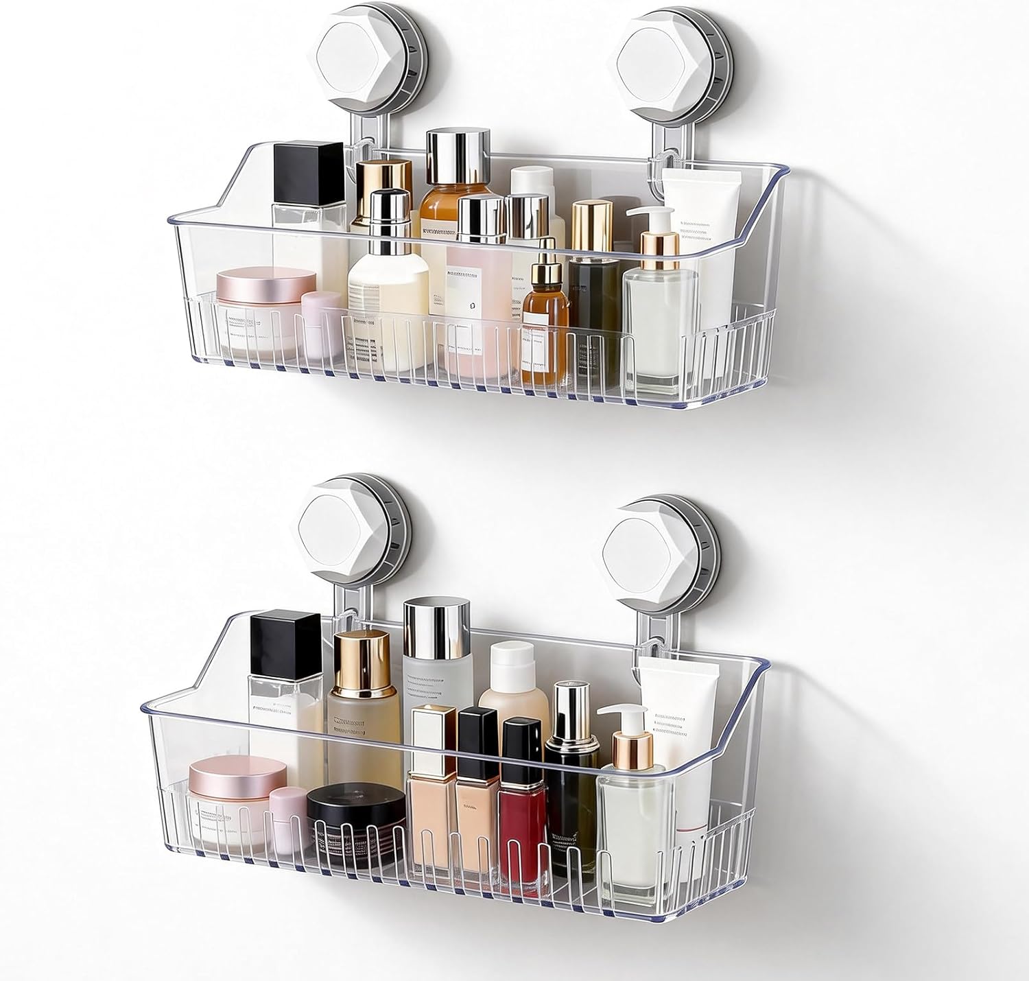 2-Pack No Drill Bathroom Suction Storage Box, Strong Load-Bearing Shower Caddy Suction Cup Storage Rack with Drain Holes, Removable Hanging Wall Mount Shower Caddy Organizer for Bathroom, Kitchen