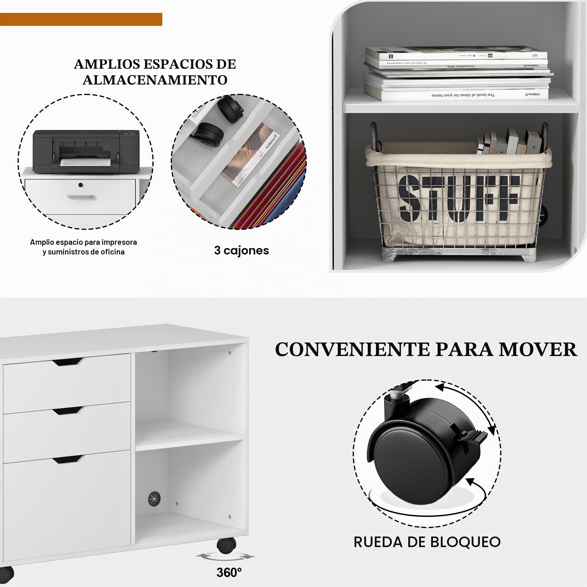 soges Armario Archivador Móvil Cajonera de Oficina con Ruedas para Archivos A4, Documentos, Carpetas de Archivo, Blanco