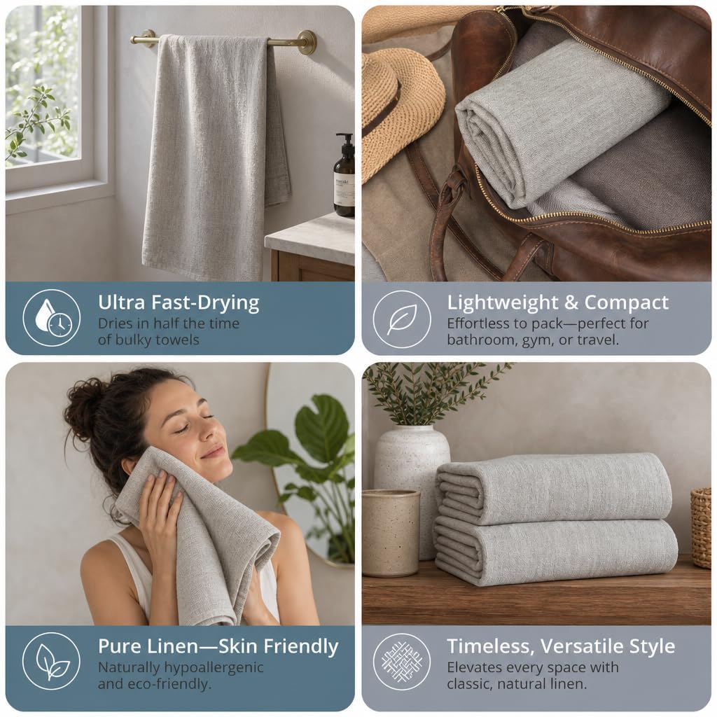 Pure 100% Linen Bath Towel - 30x55-inch Lightweight Travel Towel Flat Weave