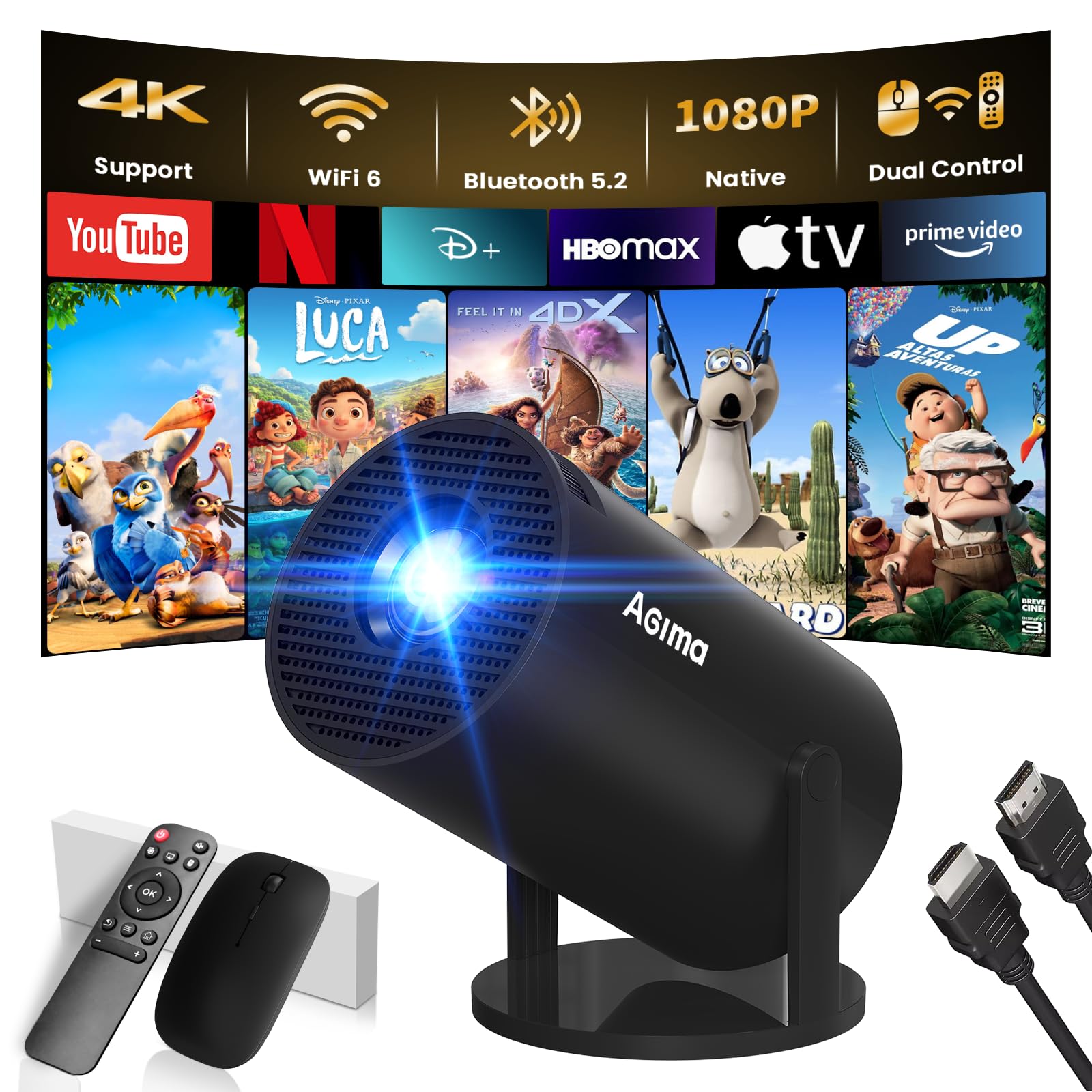 [App Integrada] Mini Proyector 2025 Upgraded Proyector Portátil, Dual Control con Ratón Android TV WiFi 6 BT5.2 180° Rotation HDMI/TV Stick/USB/PS5/Laptop, con Cable HDMI y Ratón, Negro