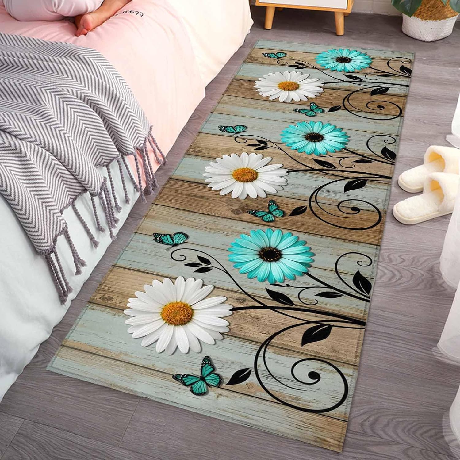 Kitchen Mats for Floor Summer White Teal Daisy Flower Washable Non Slip Kitchen Rugs 1PCS, Farmhouse Butterfly Wood Board Absorbent Standing Mats for Sink Bathroom Office Living Room 15.7x47.2in