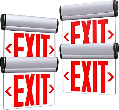 Led Edge-Lit Exit Sign ,Brushed Aluminum Housing Single-Sided Clear Rotating Acrylic Panel,Hardwired Emergency Exit Signs with Battery Backup, 120V-347VAC,Red Led Emergency Exit Light for Business , UL Listed,Top/Side/Wall Mount4 Pack