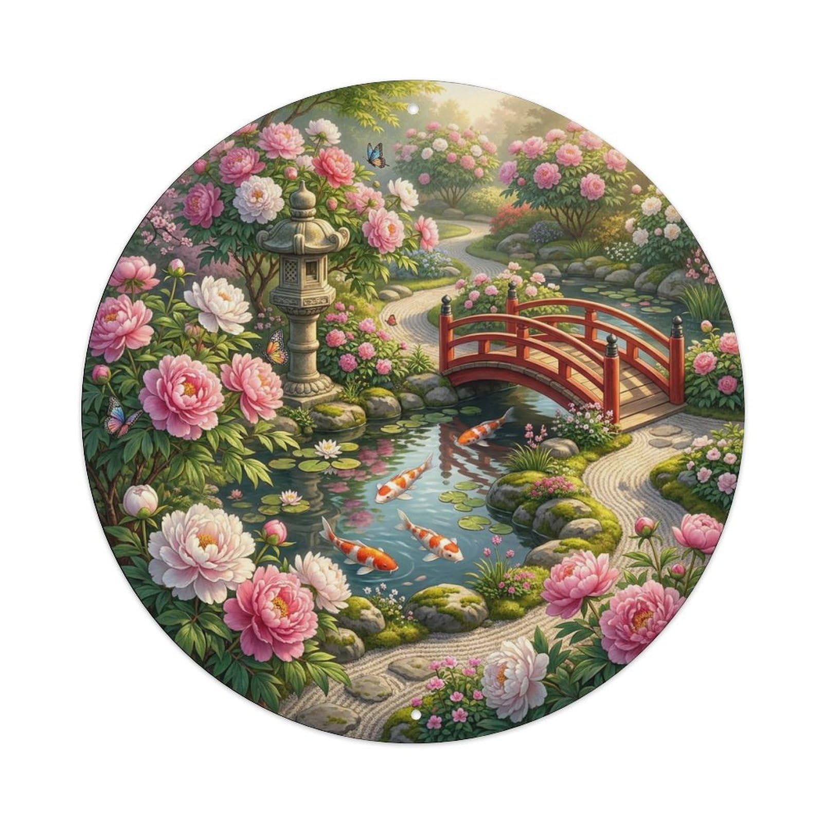 Peony Blossom Koi Pond Vintage Garden Water Flowers Metal Tin Sign Plaque Wall Decor for Cafe, Man Cave, Club Bar, Office, Home Garden Round Metal Poster 8x8Inch