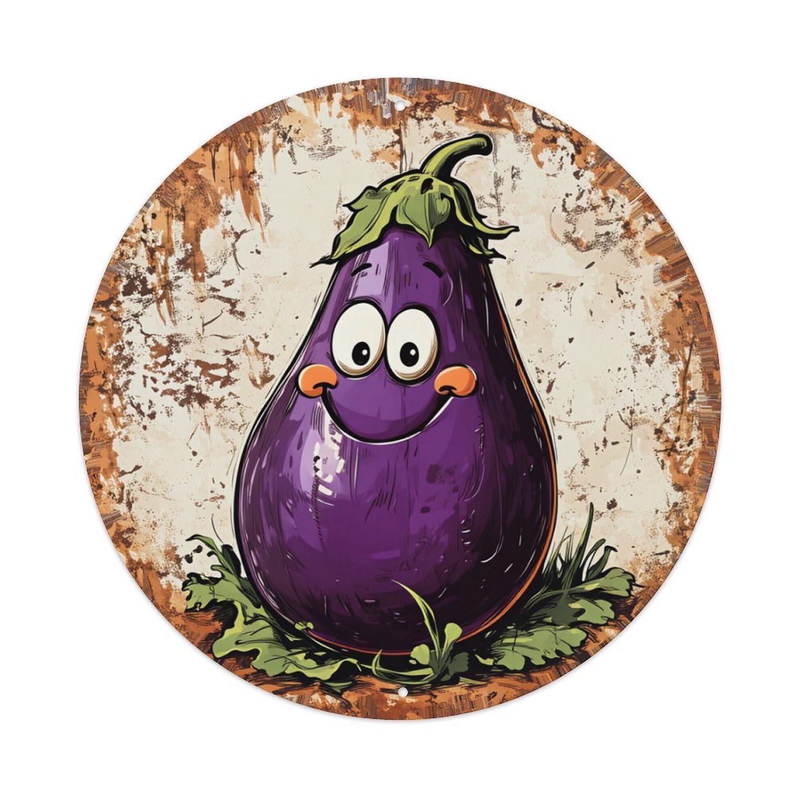 Cartoon Eggplant With Face And Leaves Round Tin Sign Retro Metal Sign for Cafe Bar Pub Home Game Room Gym Club Wall Decoration Vintage Metal Poster 8x8 Inch