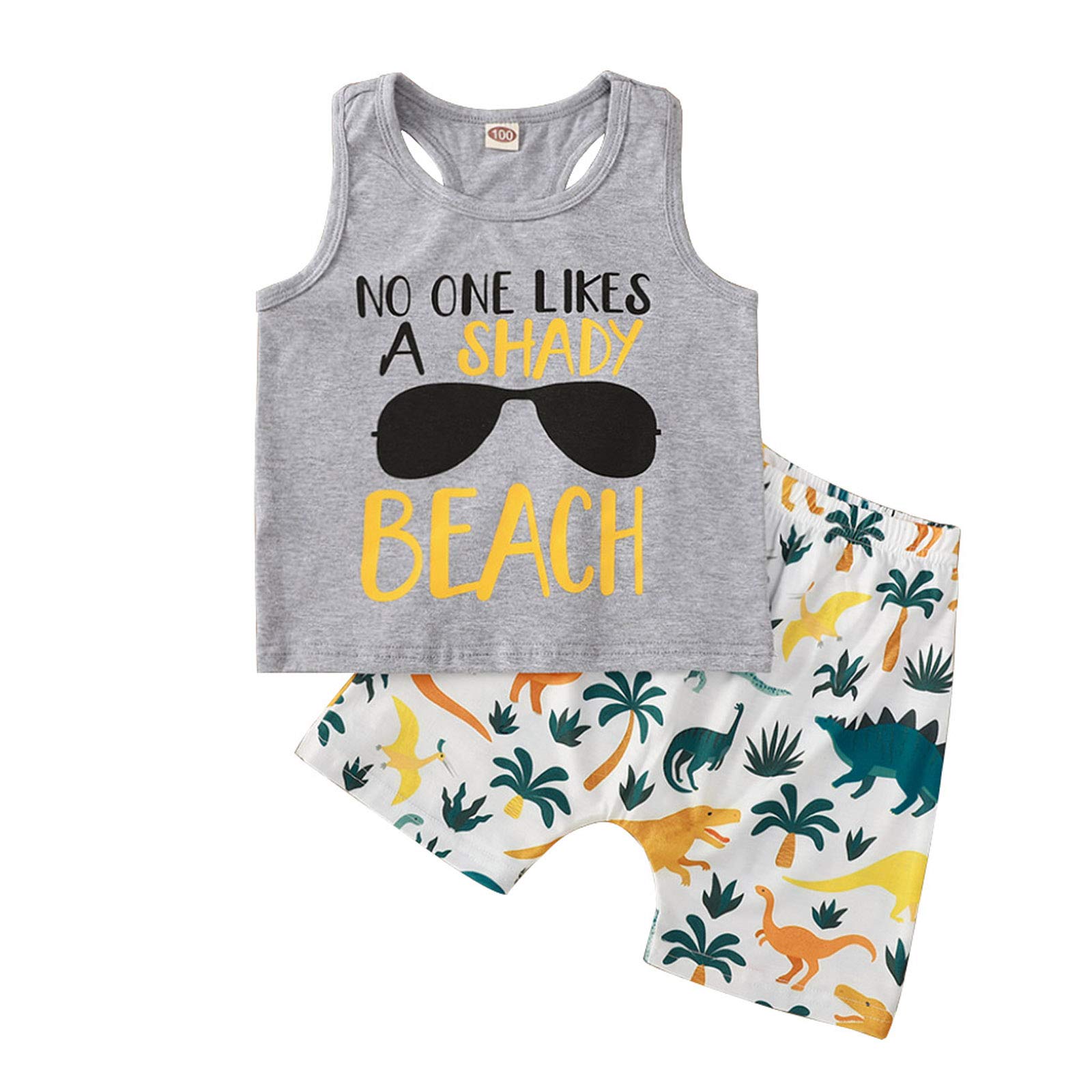 Rtnnsbbfcm Toddler Baby Boy Summer Clothes Sleeveless Letter Print Vest Top Palm Dinosaur Shorts 2Pcs Casual Outfit (Grey,4-5T)