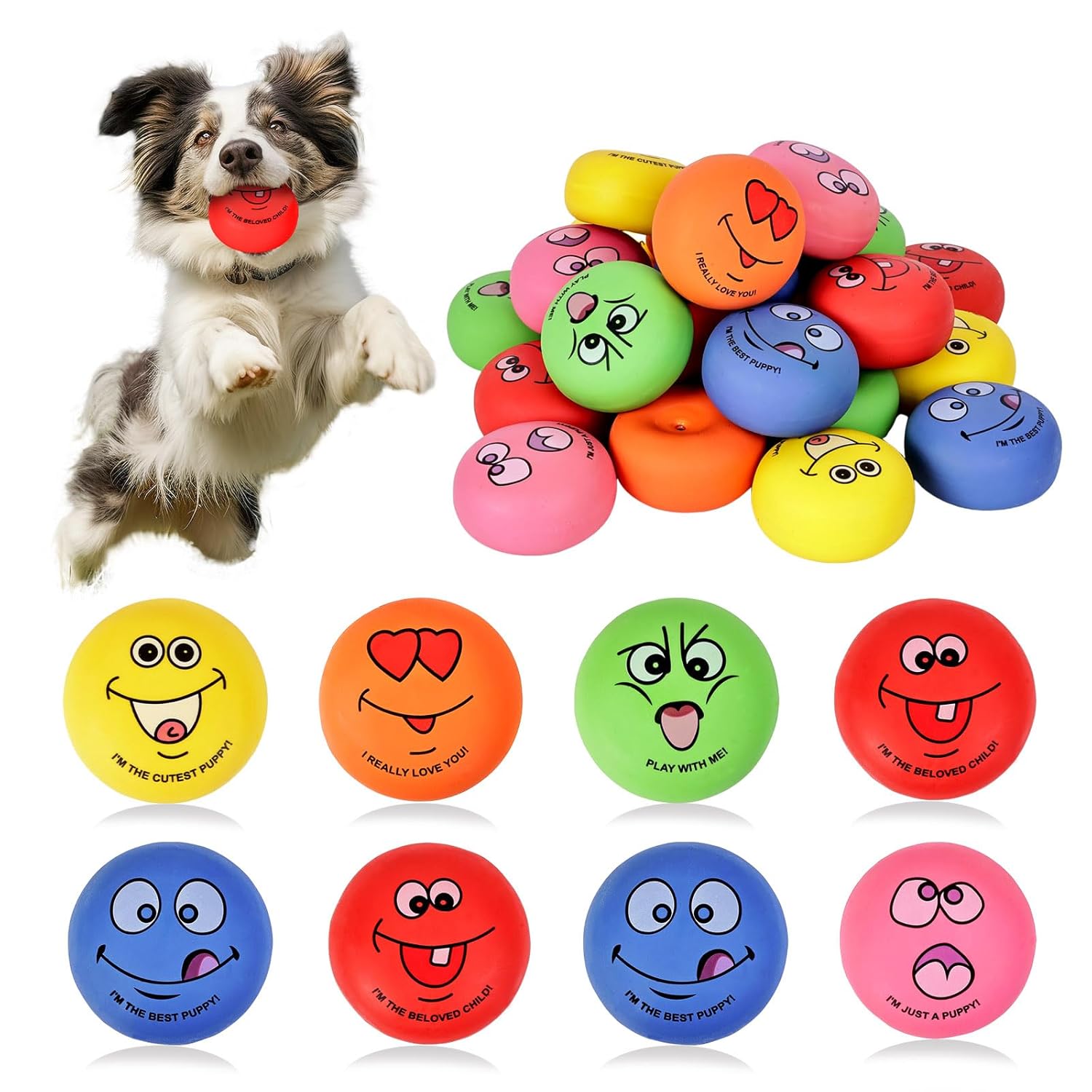 12 Pcs Smile Inspirational Face Dog Squeaky Toys Latex Rubber Squeaky Ball Bulk Emoticon Dog Toys Chewing Interactive