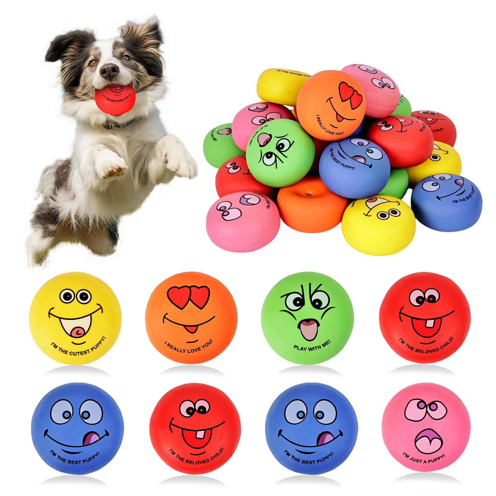 24 Pcs Smile Inspirational Face Dog Squeaky Toys Latex Rubber Squeaky Ball Bulk Emoticon Dog Toys Chewing Interactive