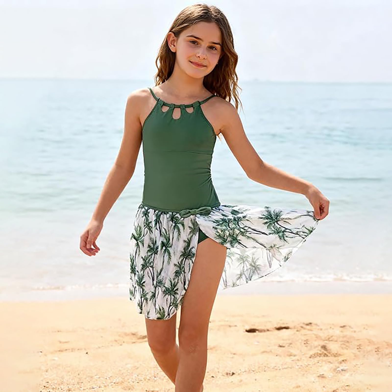 Maillot de Bain Une pièce pour Filles avec Jupe Plage imprimée Tropicale, Les 7 à 16 De Bain Menstruel Fille 12 Ans Maillots Deux PièCes Jupette K5f19