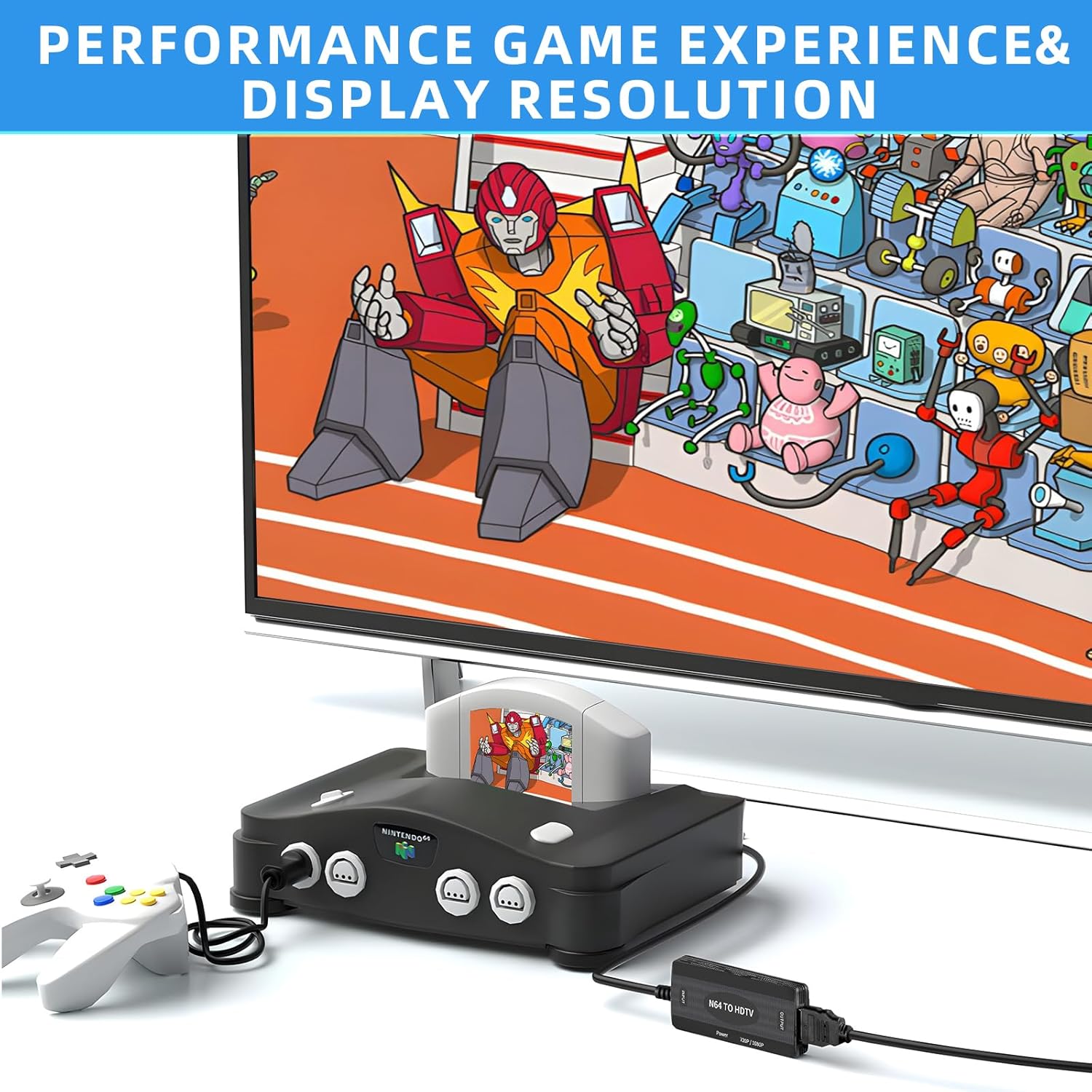 An N64 console connected to the TECTINTER HDMI converter, which is then connected to a modern television, displaying a game.