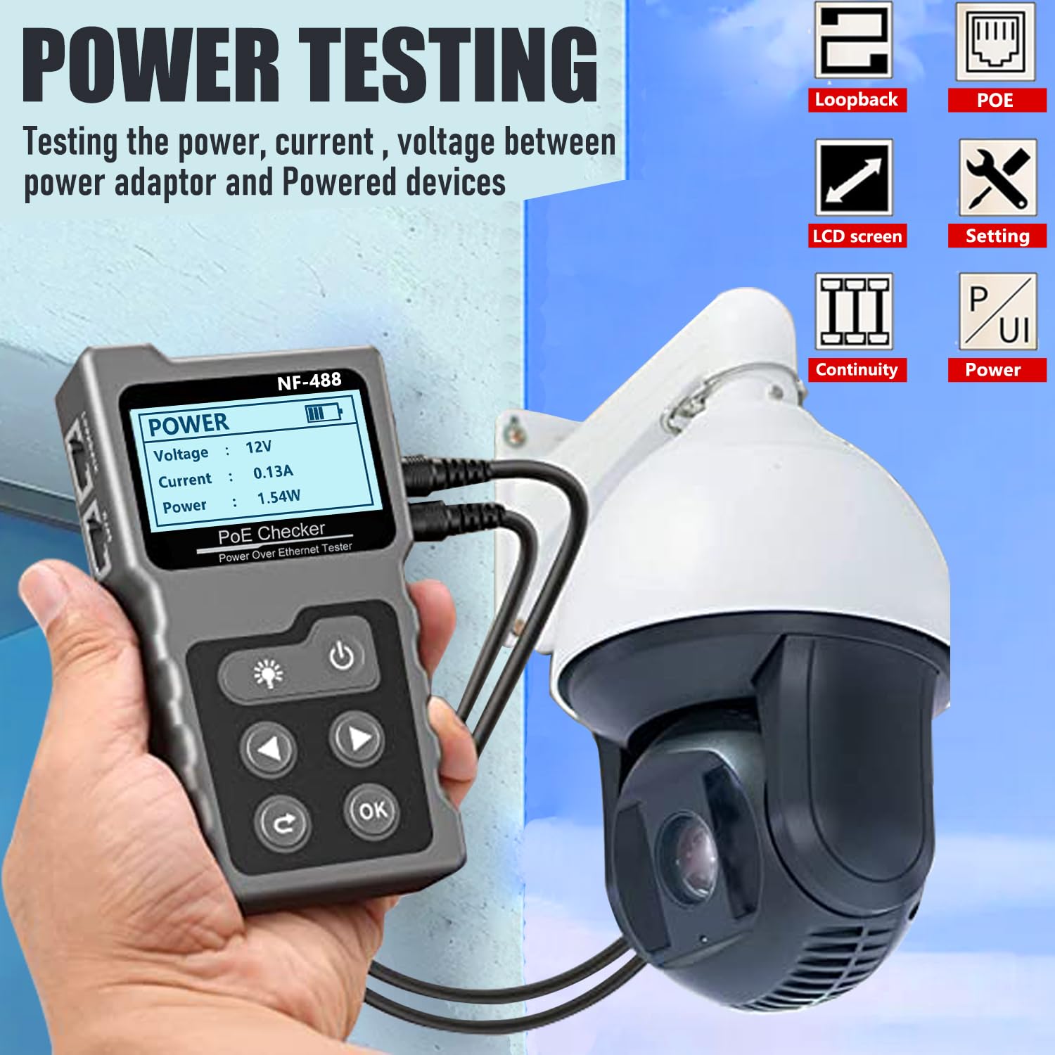 NF-488 Network Cable Testers RJ45 Continuity Checking CAT5 CAT6 LAN Ethernet Cables POE Ethernet Power Tester DC Power & Switch Loop-Back Test POE Detector Network Tool