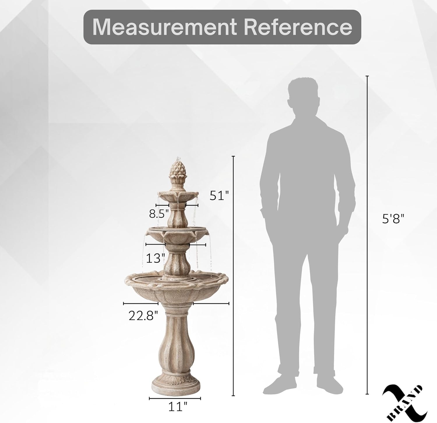 XBrand 51" 3-Tier Outdoor Water Fountain with Pineapple Top – Beige Freestanding Garden Waterfall with Pump, Auto Shut-Off, and Fiber Resin Build – Lawn & Patio Decor