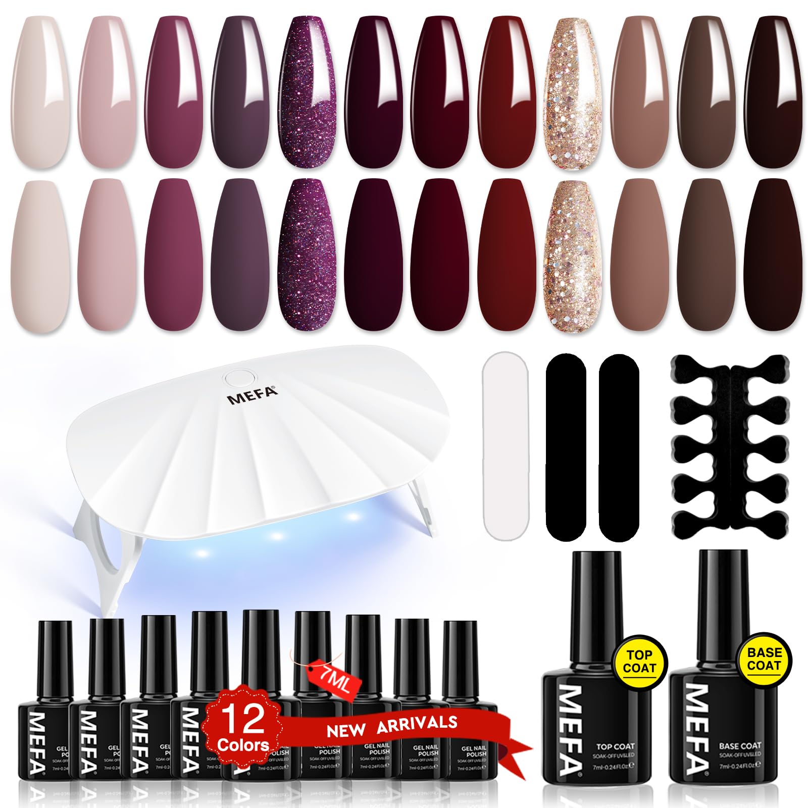 MEFA Kit Uñas Semipermanentes con 6W UV/LED Lámpara, 12 Colores Desnudo Púrpura Rojo Marrón Brillo Kit Uñas de Gel Completo con Base y Top Coat, Set Manicura Semipermanente Uñas Semipermanentes