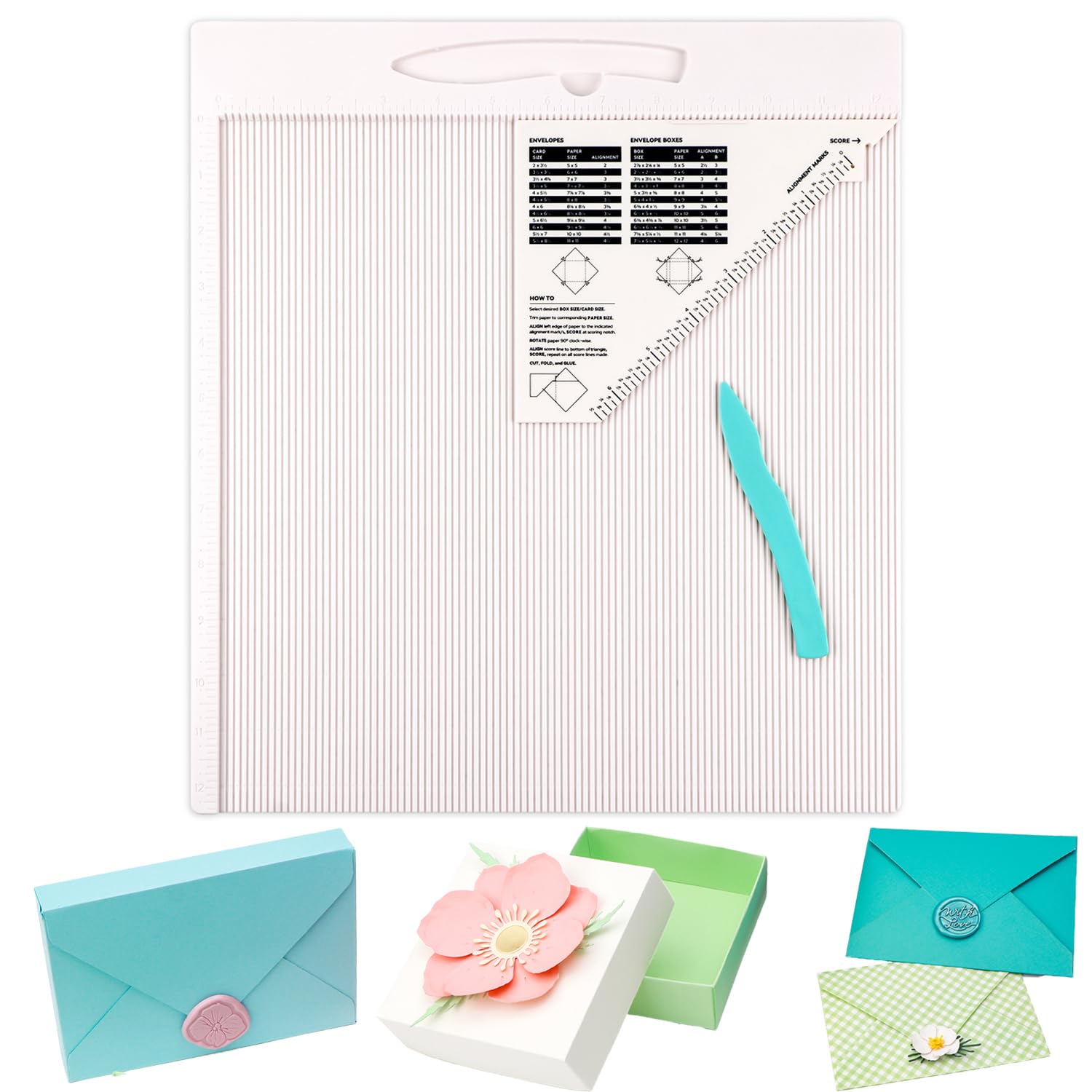 Baofali Light 12X12 Scoring Board For Making Envelope/Envelope Box/Gift Box; Large Multi-Purpose Score Board With Bone Folder And Triangular Guide; Envelope Maker Scoring Tool