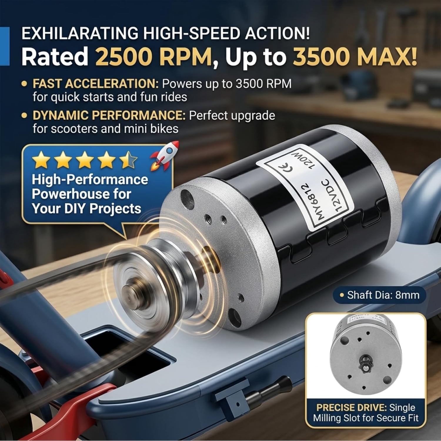 Electric Scooter Motor 12V 120W, Electric Brushed Motor High Speed Small Brush Motor with Belt Pulley E Scooter Accessory, Pulse 12v Motor for Scooter