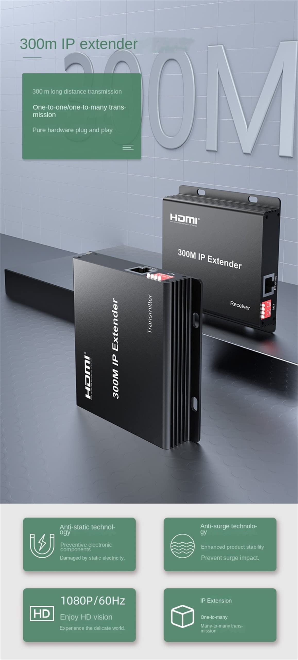 300M IP HDMI KVM extender, HDMI extender su IP RJ45 Cat6 cavo Ethernet 1080p HDMI KVM extender multipoint Connect network switch supporto PC DVR TV mouse tastiera (300M IP Extender)