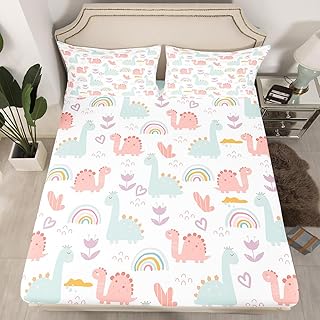 Cartoon Dino Fitted Sheet Queen, Pink Green Dinosaur Bedding Set Cute Jungle Dino Bed Sheet Set for Kids Boys Girls Cute Rainbow Bed Cover with 2 Pillow Case (No Flat Sheet)