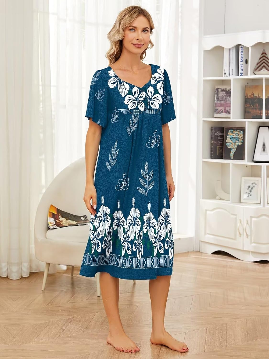 House Dresses for Women with Pockets Moo Moo Nightgown Short Sleeve Mumu Dress Lounge Dress S-5XL - Image 3